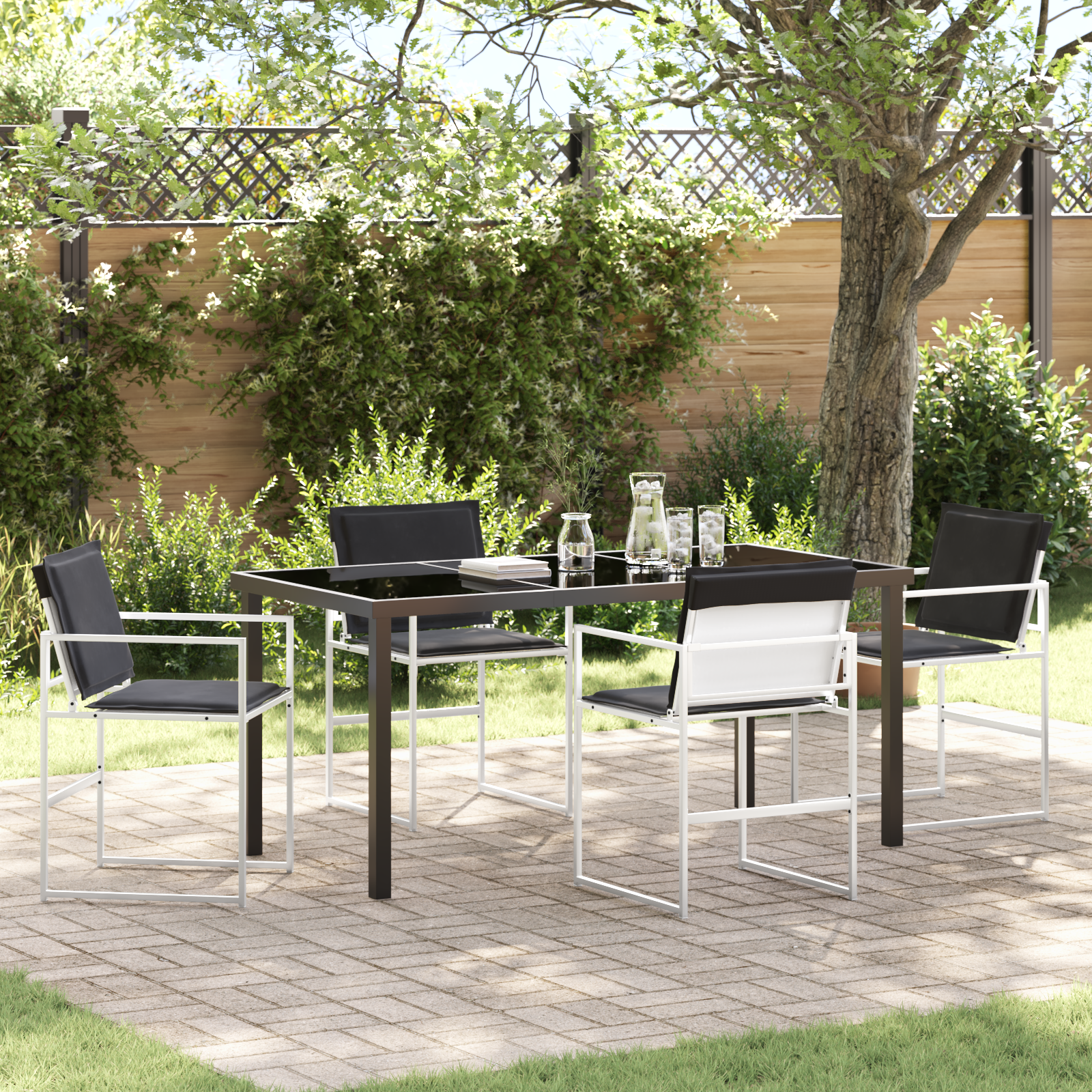 5 Piece Garden Dining Set with Cushions White Textilene and Steel