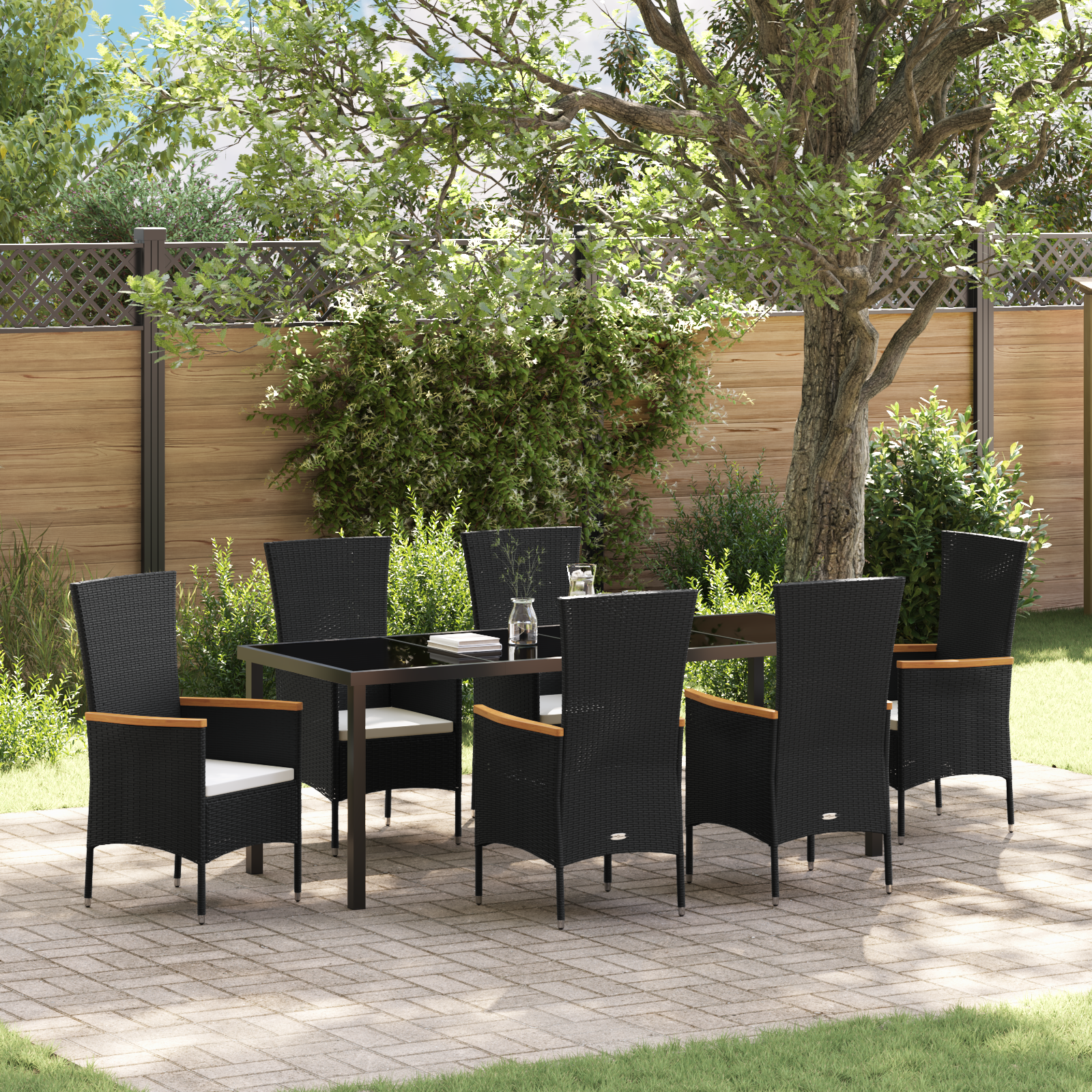 Комплект за градинска трапезария от 7 части с възглавници Черен полирани