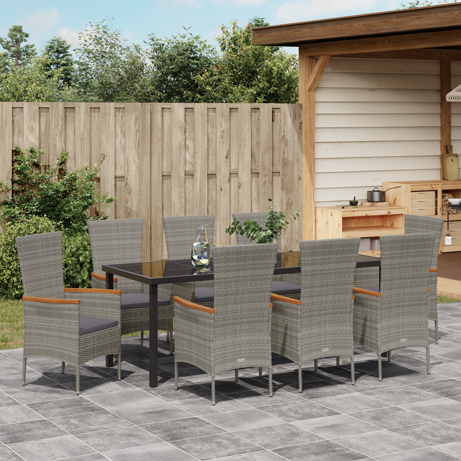 комплект градински мебели от 9 части с възглавници Сиво Поли ратан - Image 4