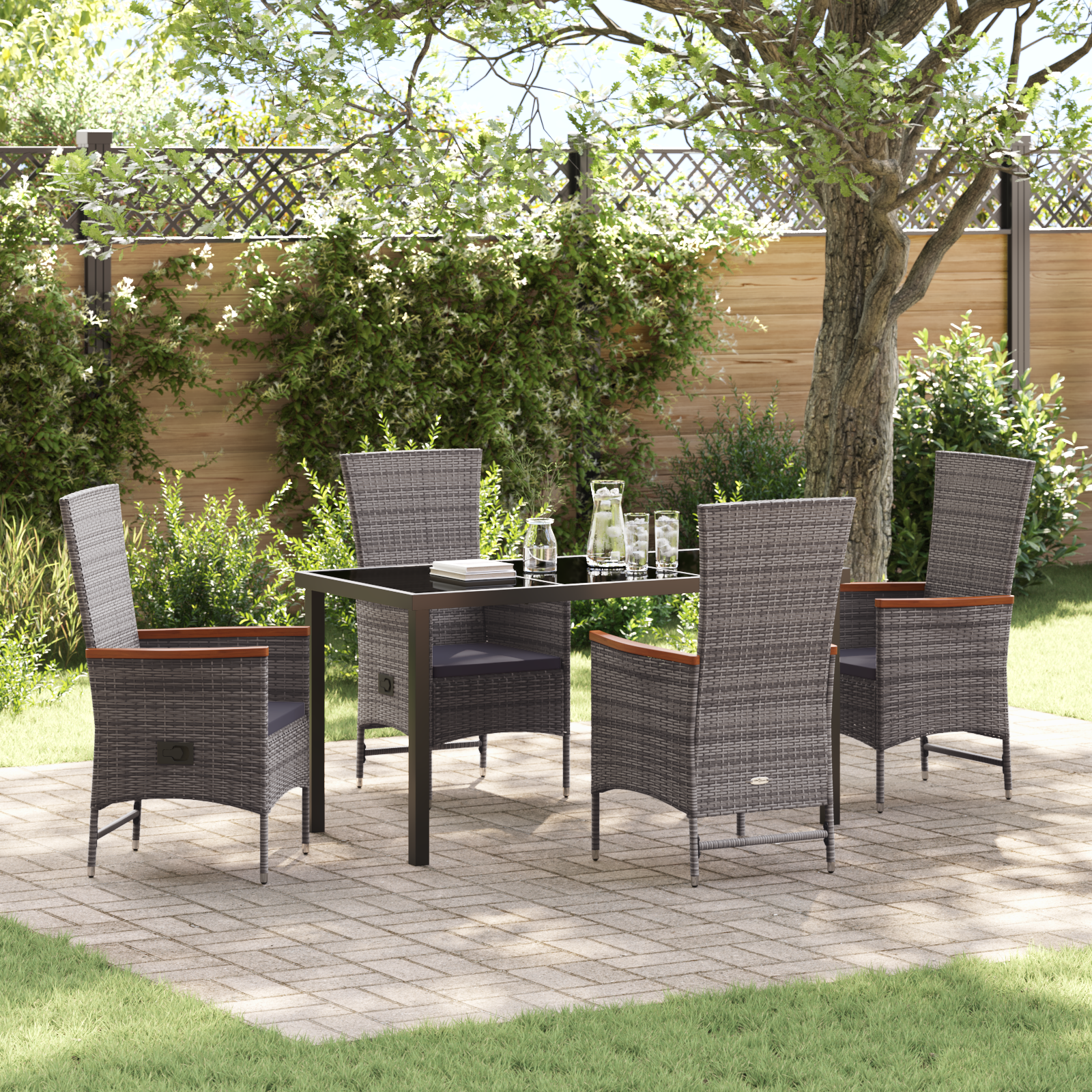 5-членен градински комплект за хранене с възглавници, сив поливинилален ратан