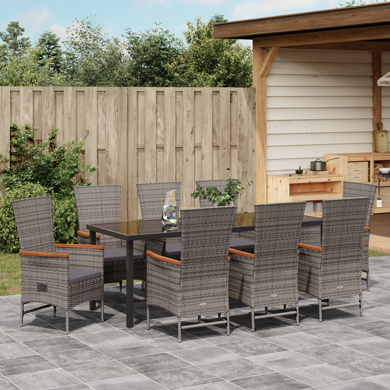 9-частен градински комплект за хранене с възглавници сив полиратан - Image 4