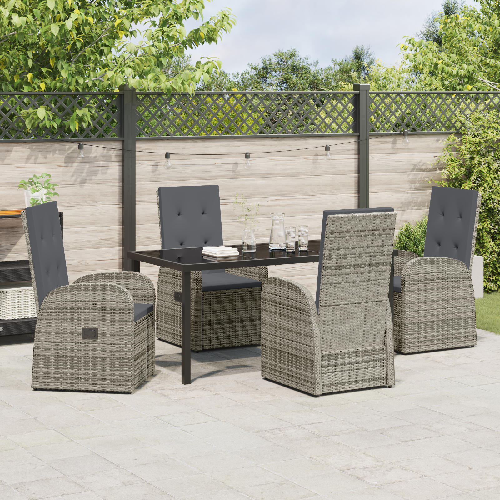 5 Piece Garden Dining Set with Cushions Grey Poly Rattan - Image 4