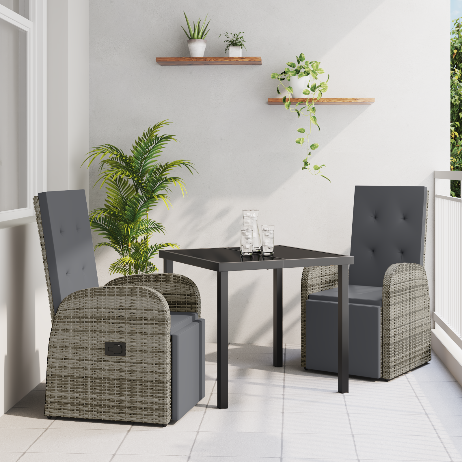 3 Piece Garden Dining Set with Cushions Grey Poly Rattan