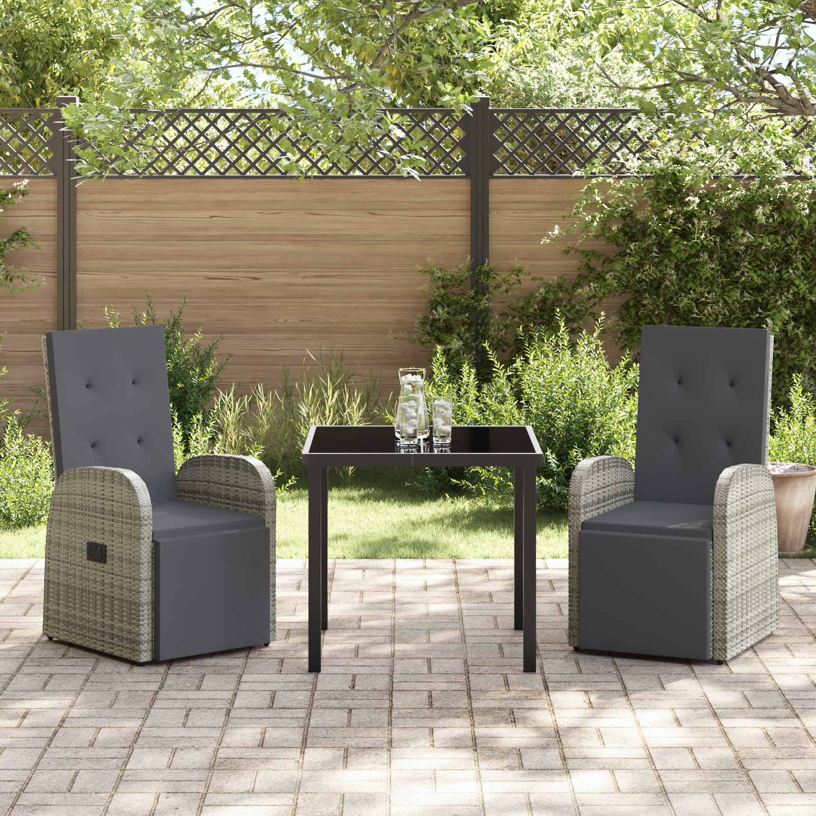 3 Piece Garden Dining Set with Cushions Grey Poly Rattan - Image 4