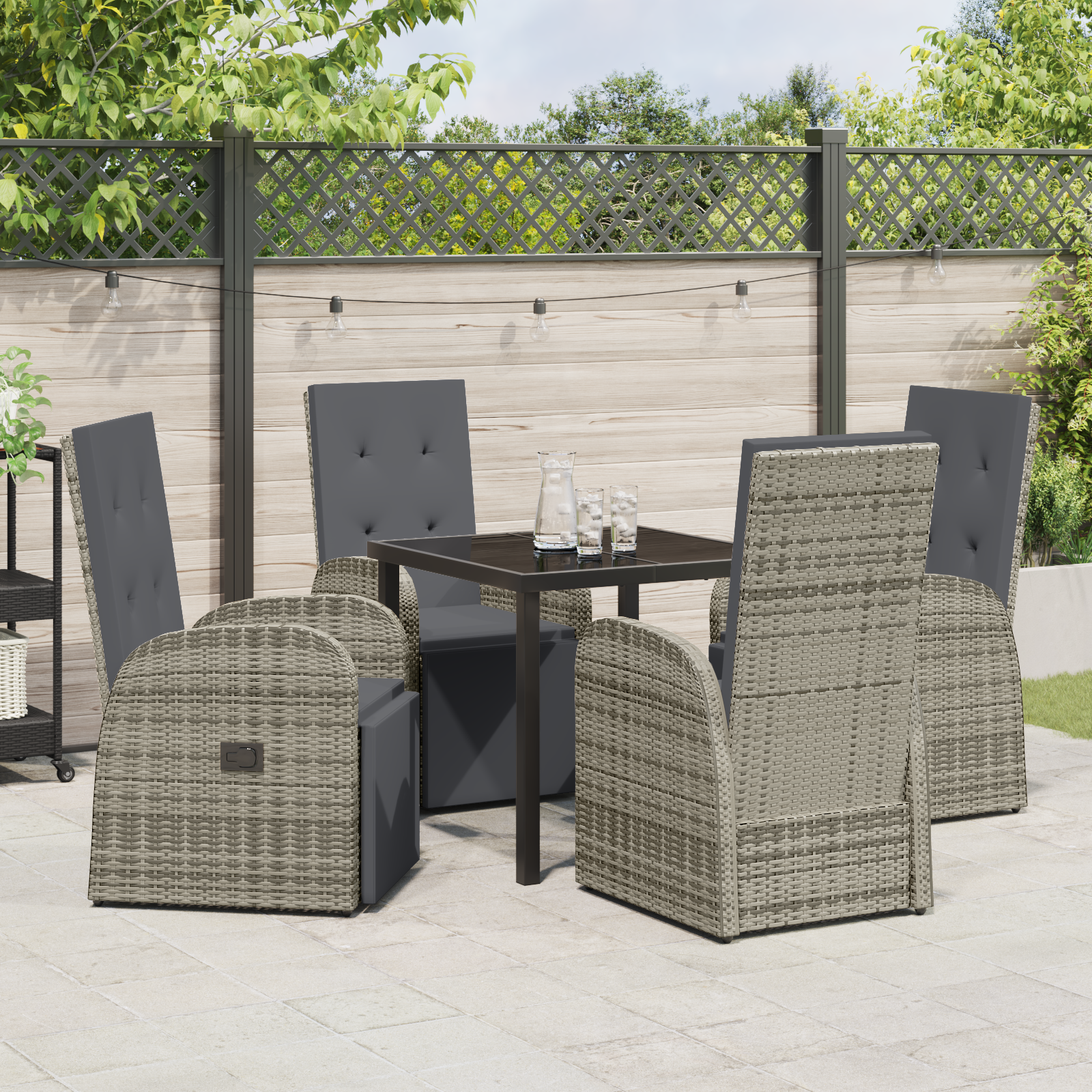5 Piece Garden Dining Set with Cushions Grey Poly Rattan - Image 4