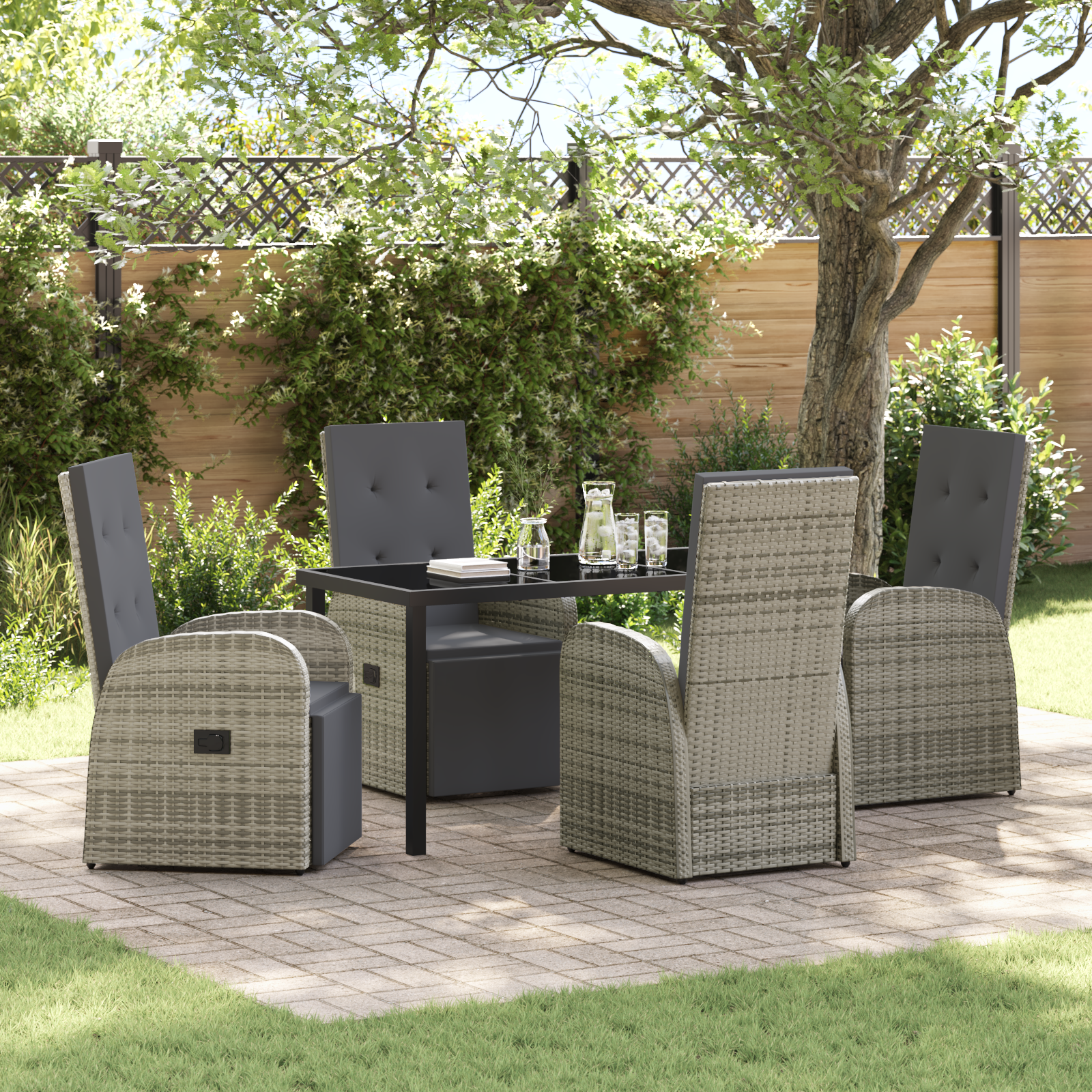5 Piece Garden Dining Set with Cushions Grey Poly Rattan