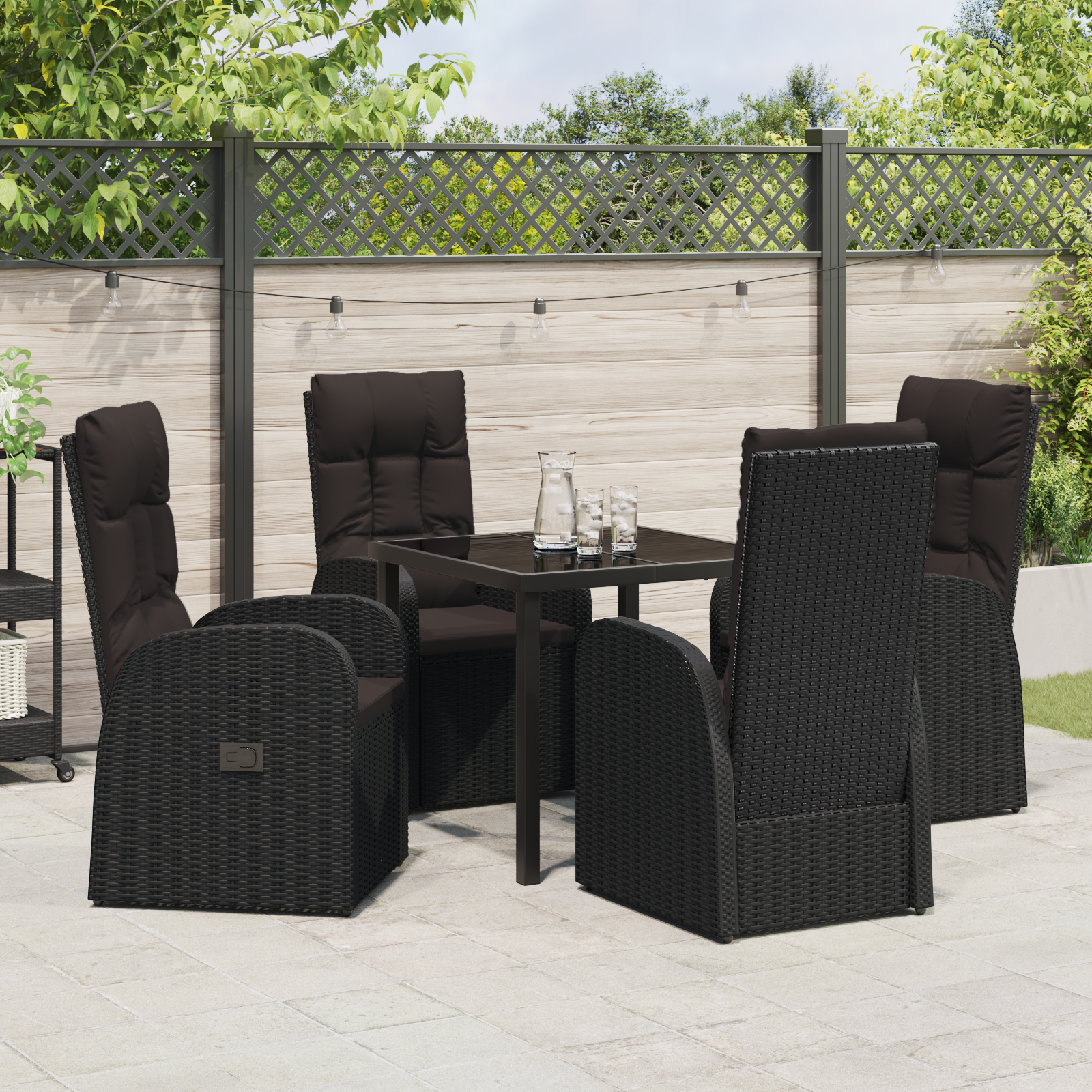 5 Piece Garden Dining Set with Cushions Black Poly Rattan - Image 4