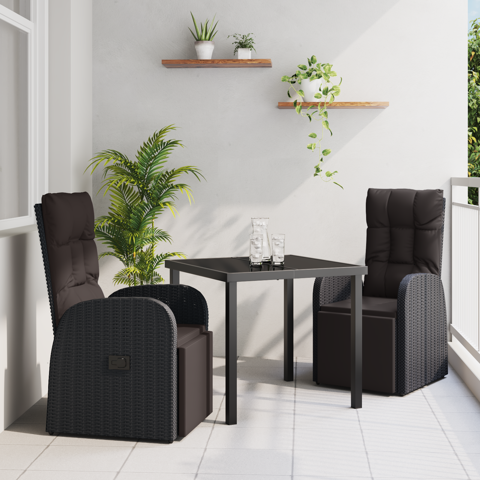 3 Piece Garden Dining Set with Cushions Black Poly Rattan