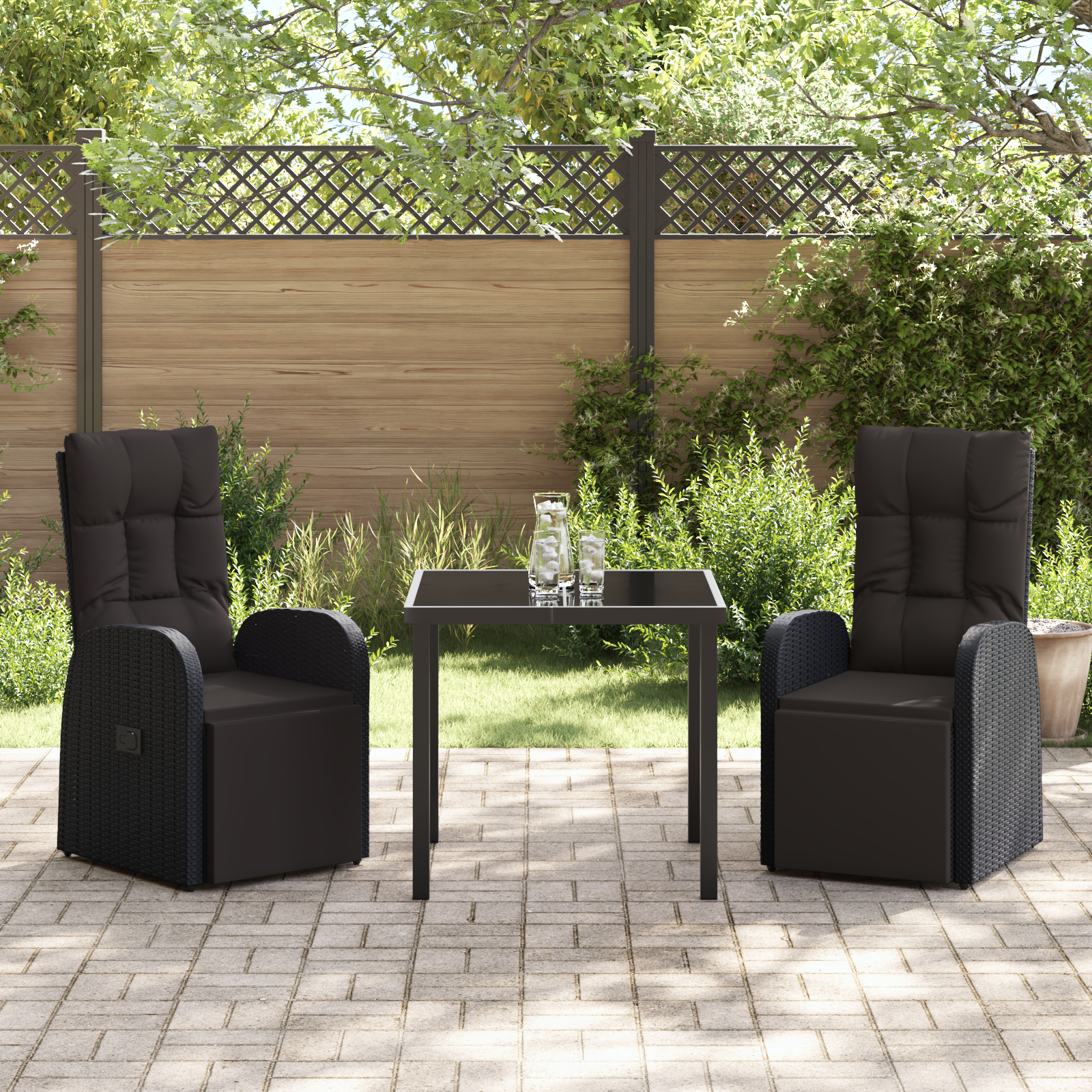 3 Piece Garden Dining Set with Cushions Black Poly Rattan - Image 4