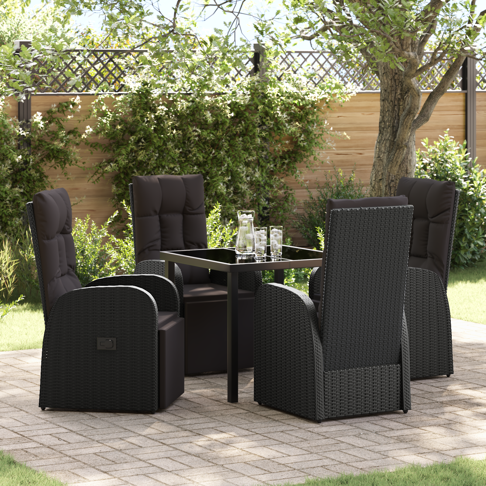 5 Piece Garden Dining Set with Cushions - Black Poly Rattan