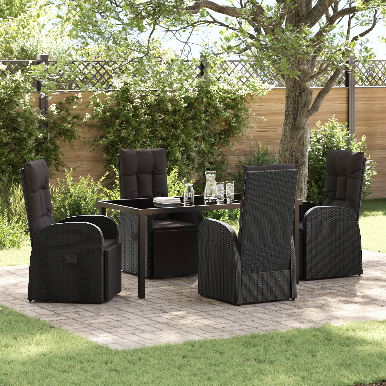 5 Piece Garden Dining Set with Cushions Black Poly Rattan