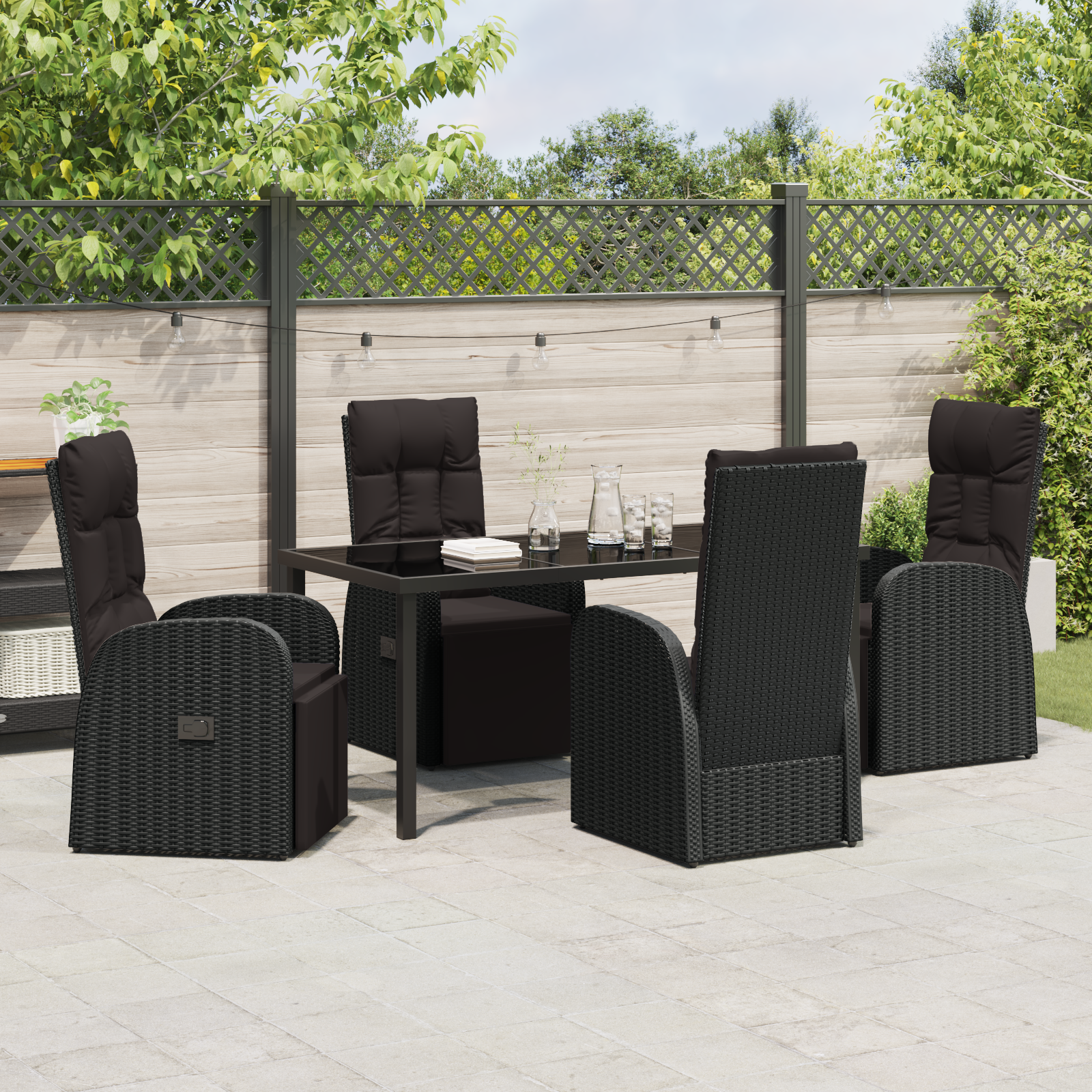 5 Piece Garden Dining Set with Cushions Black Poly Rattan - Image 4