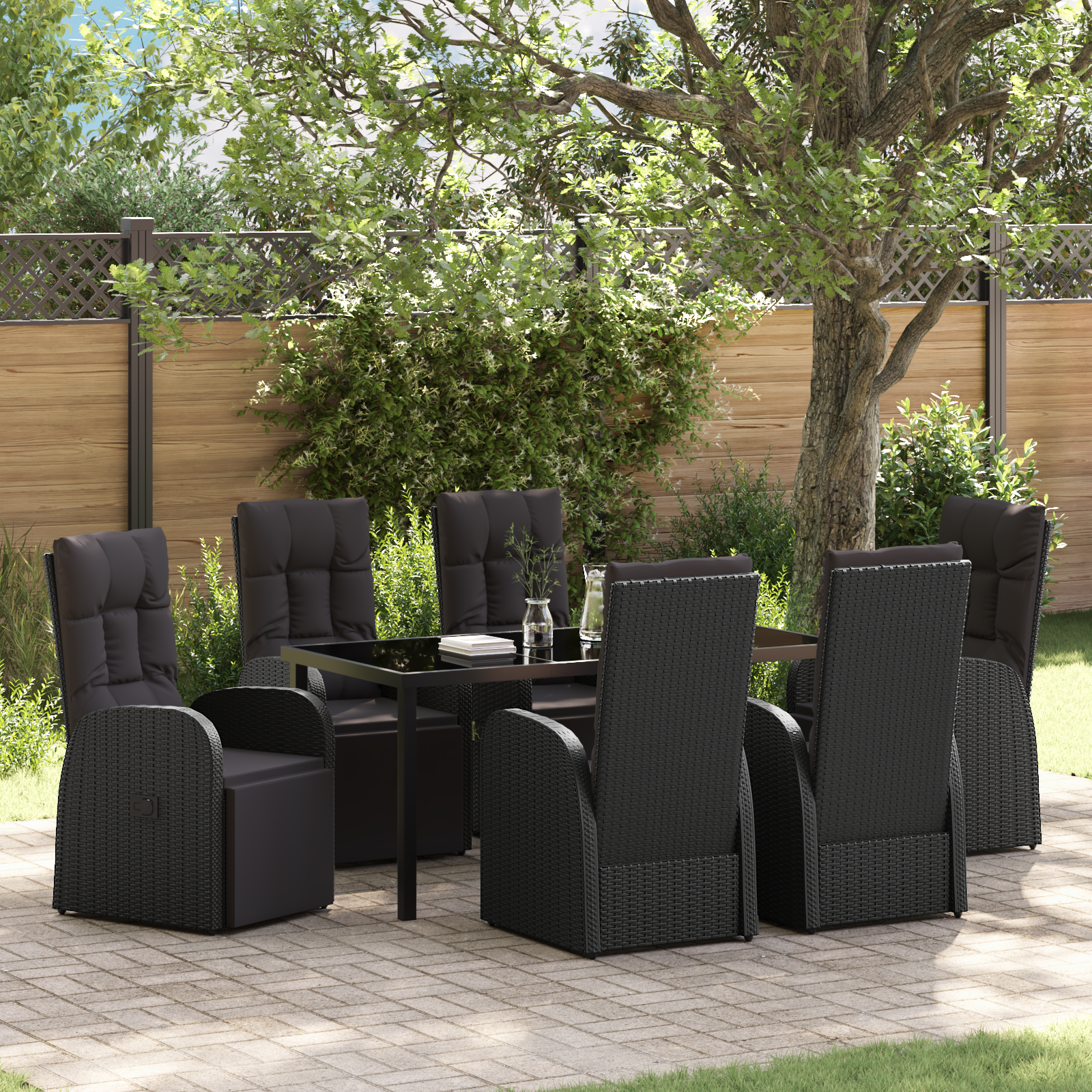 7 Piece Garden Dining Set with Cushions Black Poly Rattan
