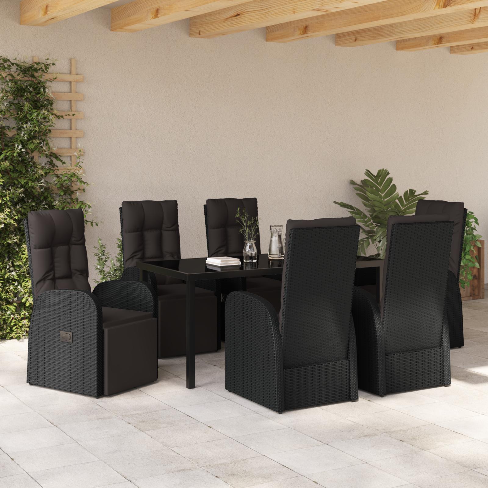 7 Piece Garden Dining Set with Cushions Black Poly Rattan - Image 4