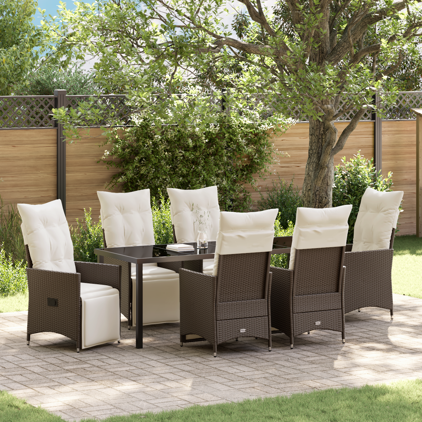 7-едрен комплект градински мебели с възглавници Кафяв Полиратан