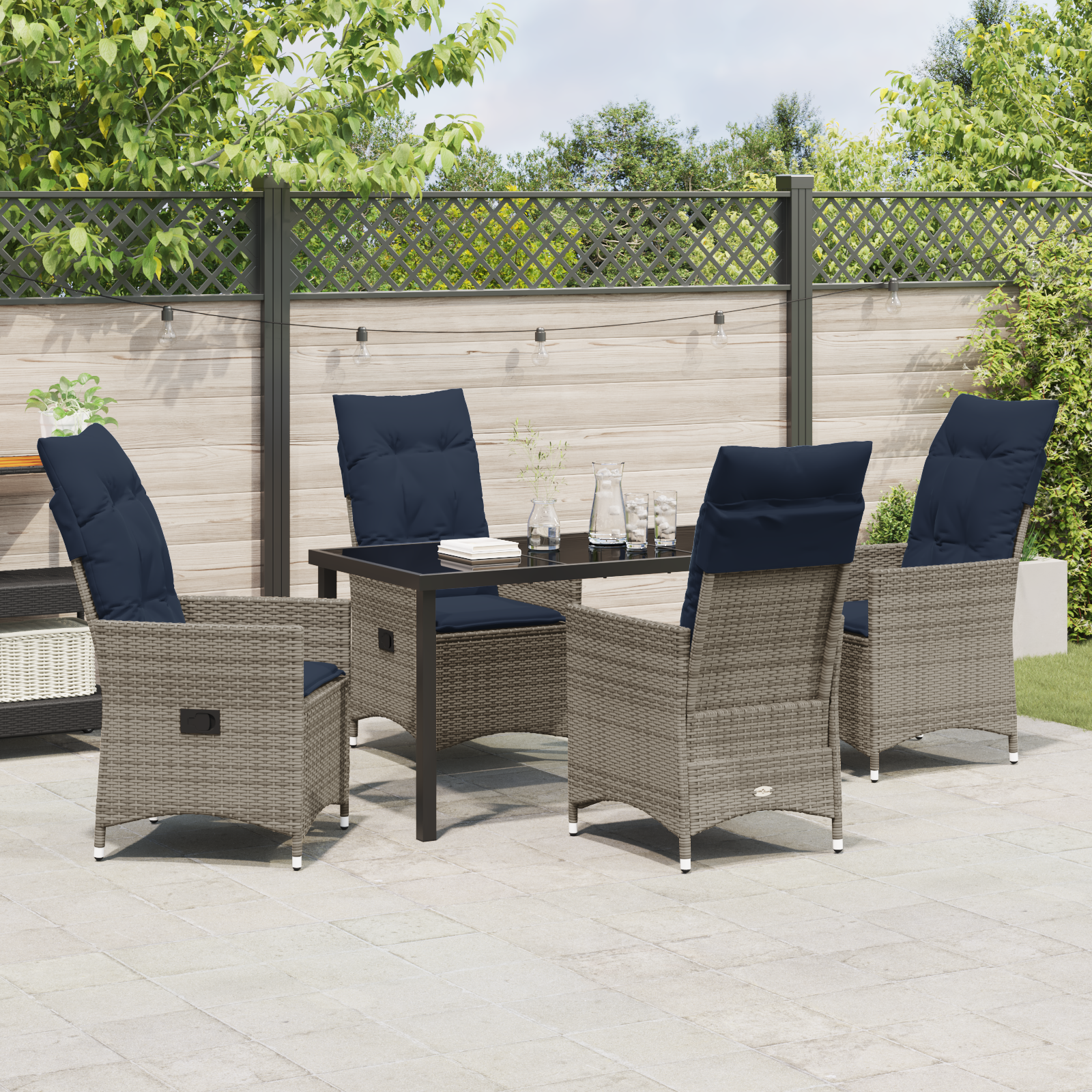 5 Piece Garden Dining Set with Cushions Grey Poly Rattan - Image 4