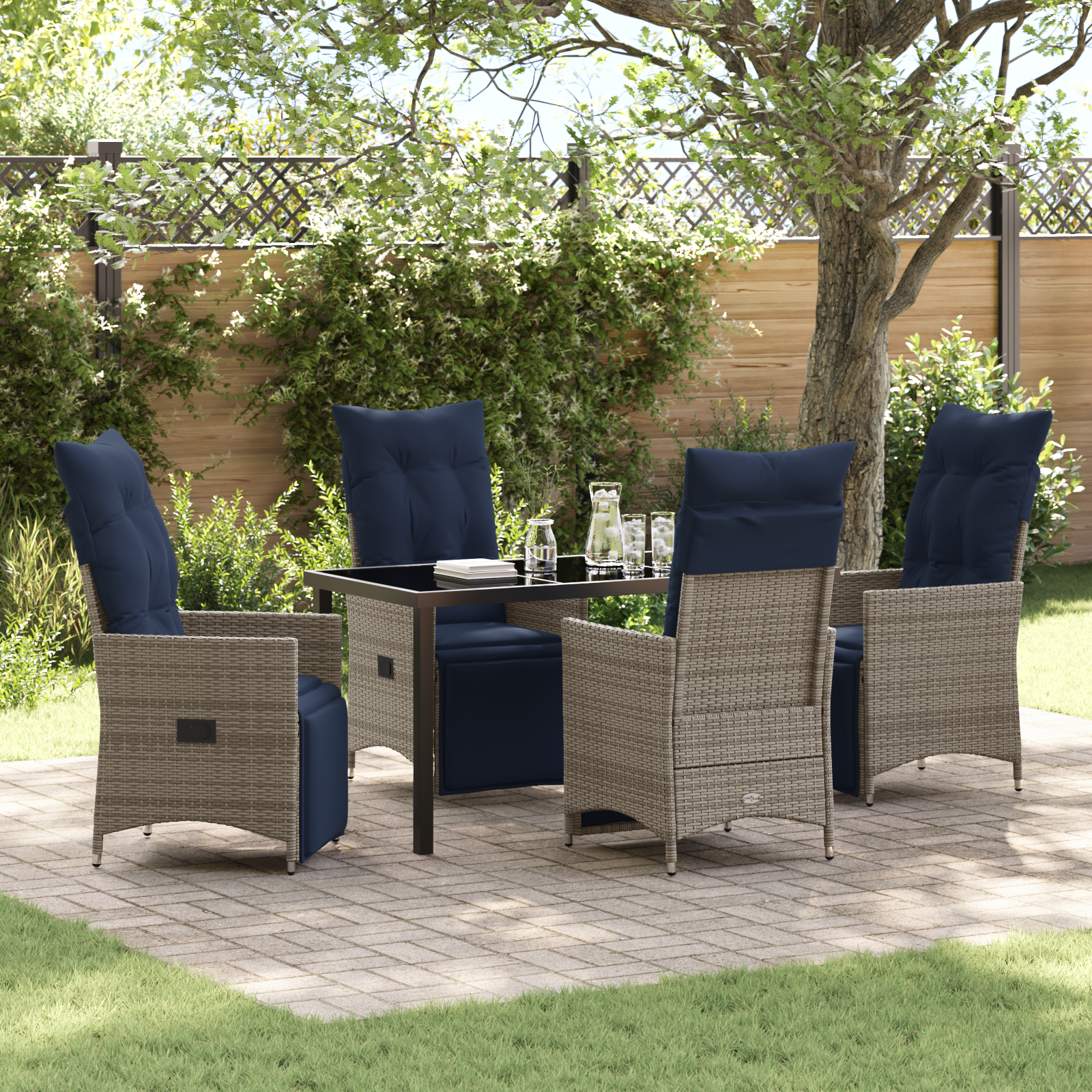 5 Piece Garden Dining Set with Cushions Grey Poly Rattan