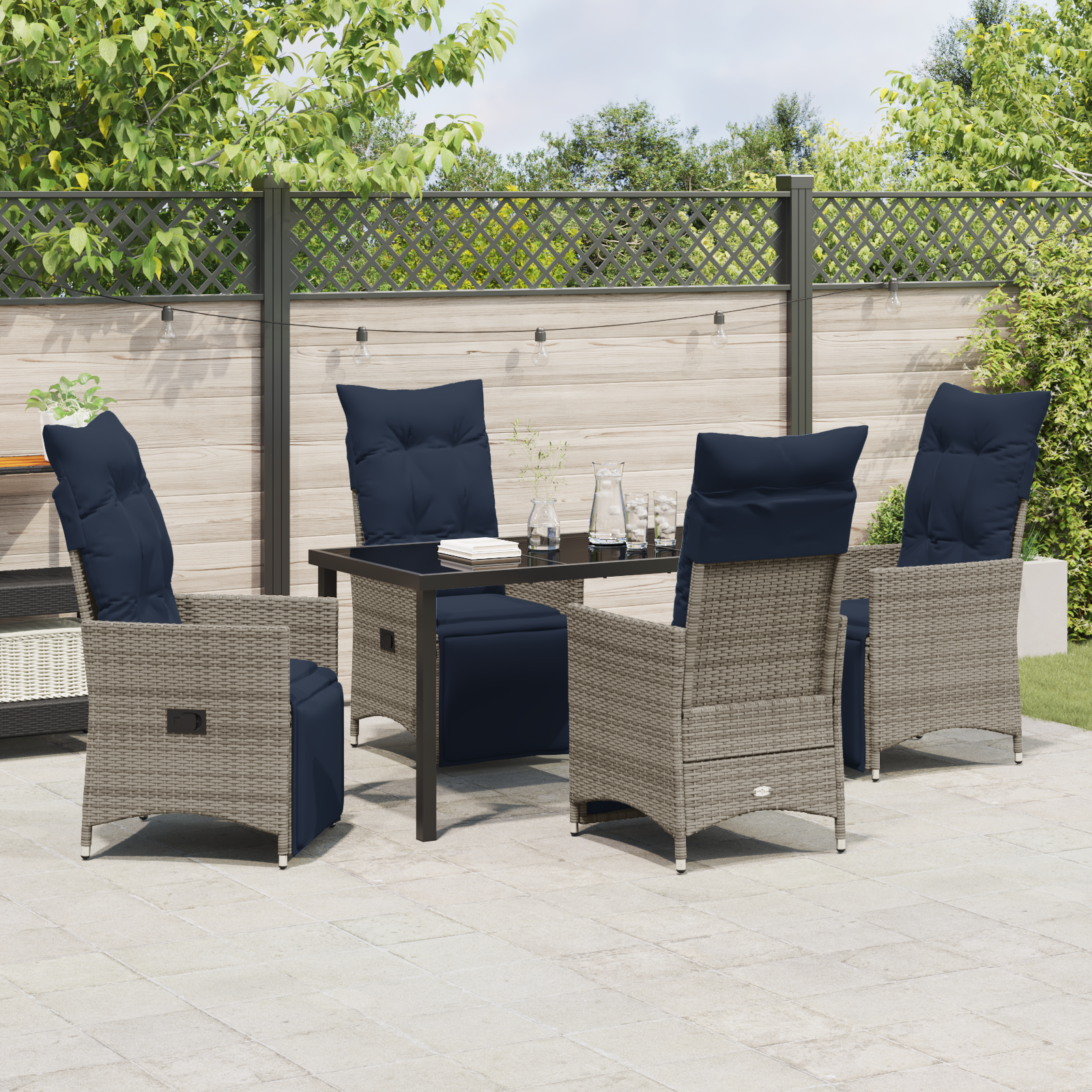 5 Piece Garden Dining Set with Cushions Grey Poly Rattan - Image 4