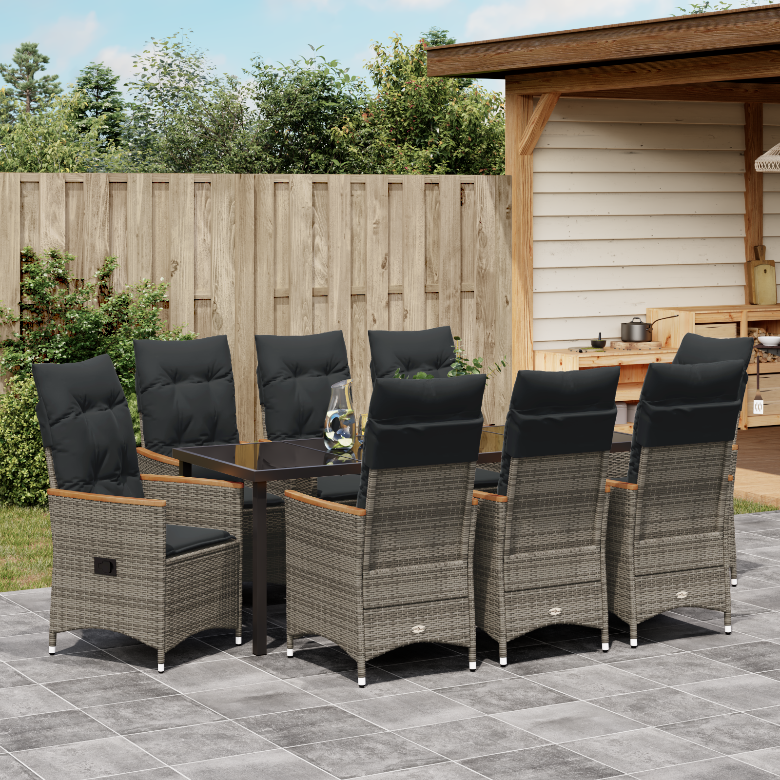 Комплект от 9 части градинска трапезария с възглавници, сив полиратан - Image 4