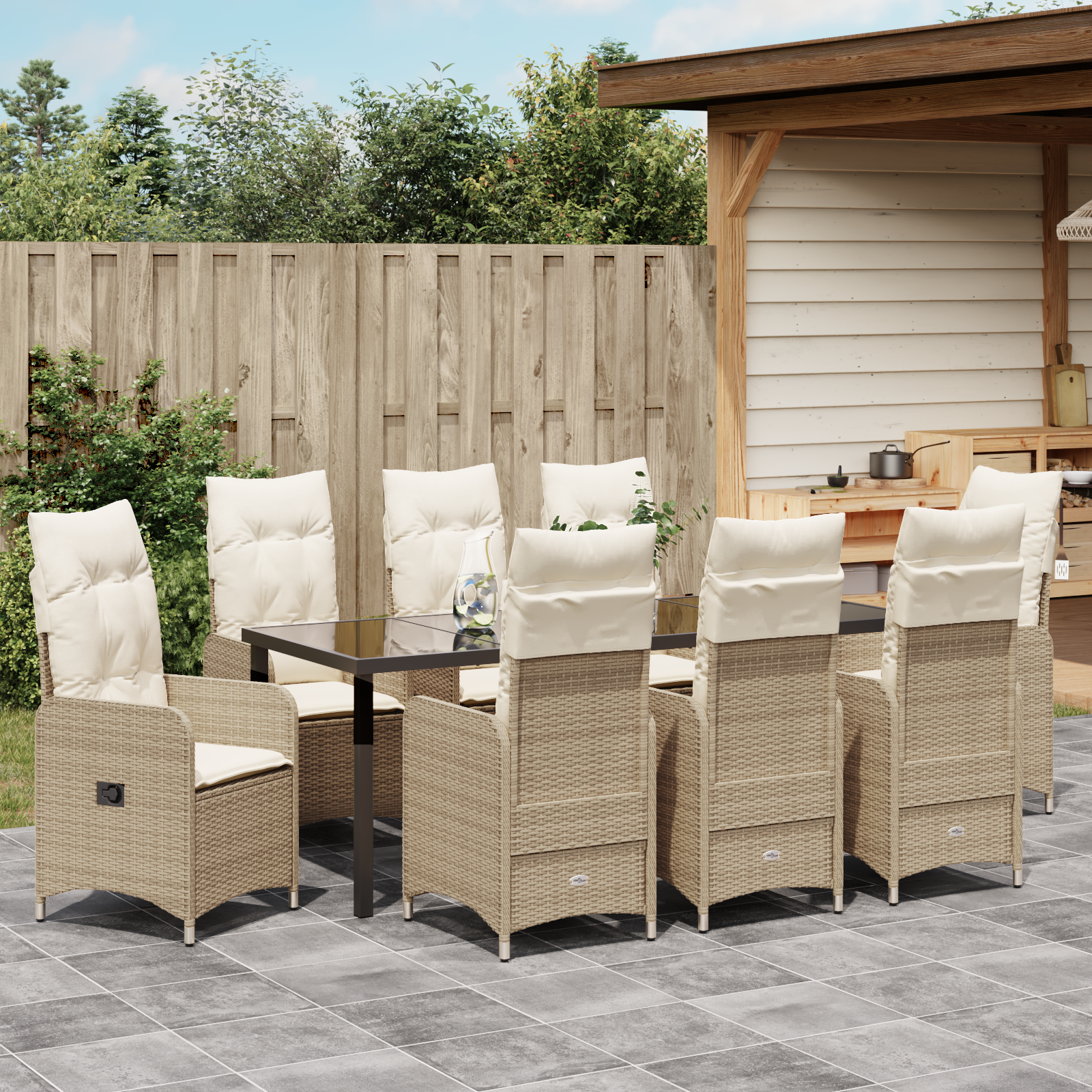 9-частен комплект за градинско хранене с бежови възглавници полирани ратан - Image 4