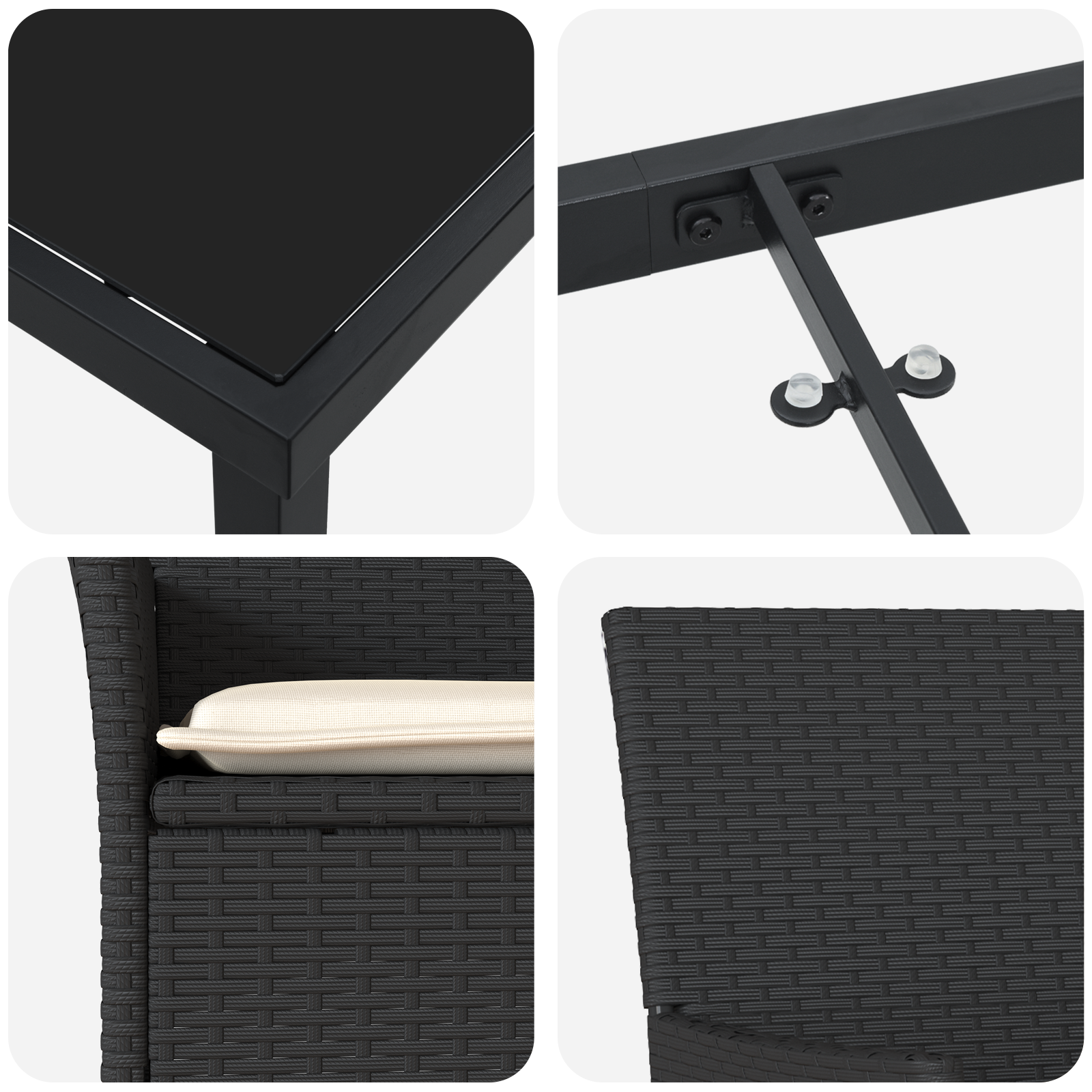 7 частен градински трапезен комплект с възглавници Черен полирано ратан, vidaXL Градинска маса Черна 200x80x73 см Закалено стъкло - Image 9