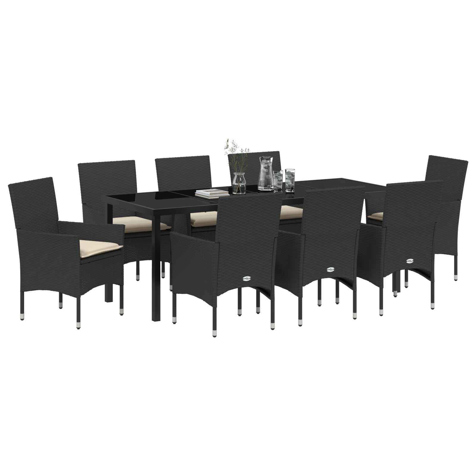 9 части градински комплект с възглавници Черен полиратан, vidaXL Градинска маса Черна 200x80x73 см Закалено стъкло - Image 3