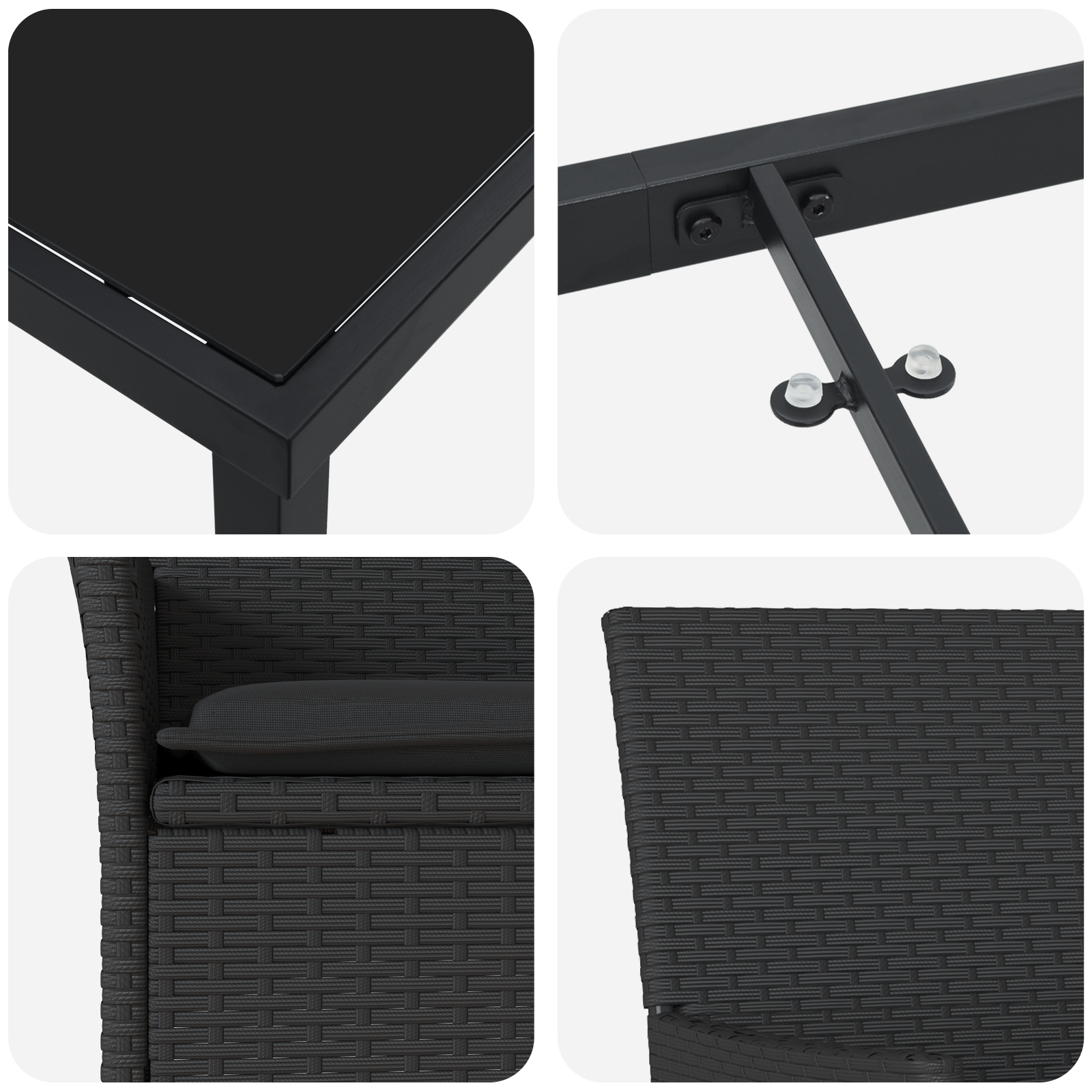 5 Часов комплект за хранене в градината с възглавници Черен поли ратан, vidaXL Градинска маса Черна 80x80x73 см Темперирано стъкло - Image 9