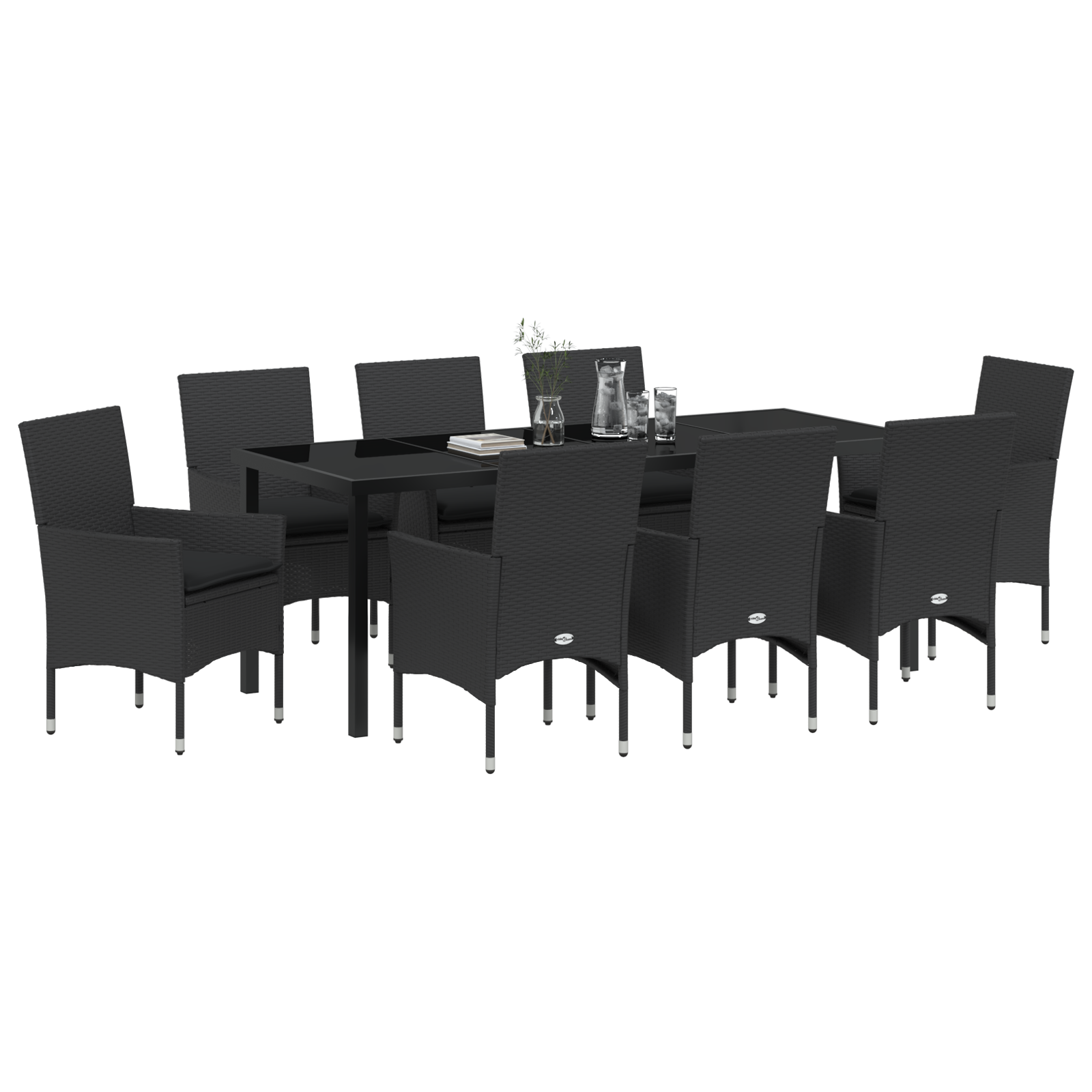 9 части градински трапезарий комплект с възглавници черен полиратан, vidaXL черна градинска маса 200x80x73 см закалено стъкло - Image 3