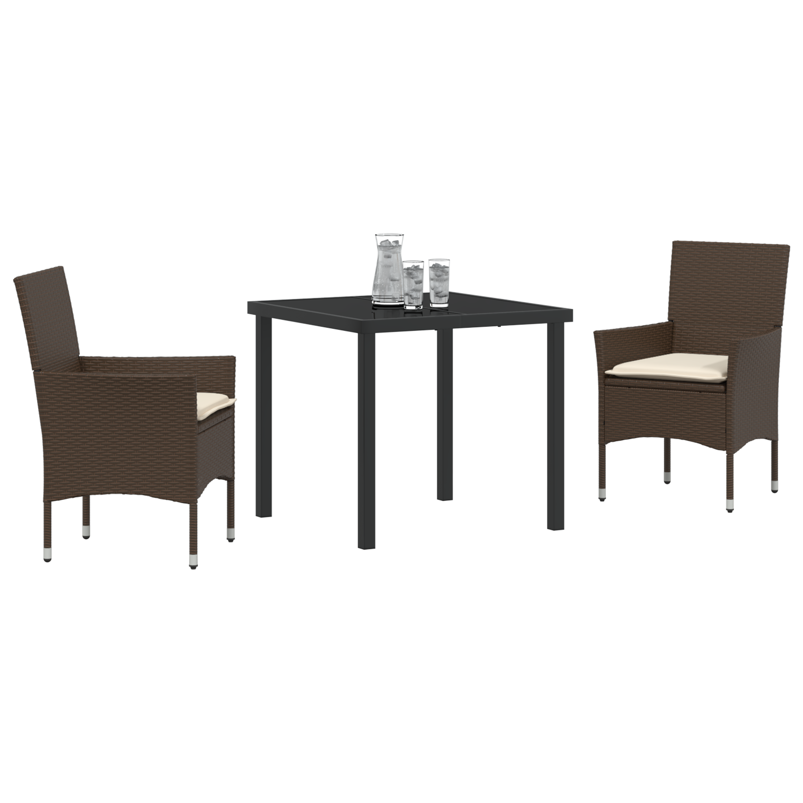 3 Членен Градински Комплект с Възглавници Кафяв Ратан, vidaXL Градинска Маса Черна 80x80x73 см Закалено Стъкло - Image 3