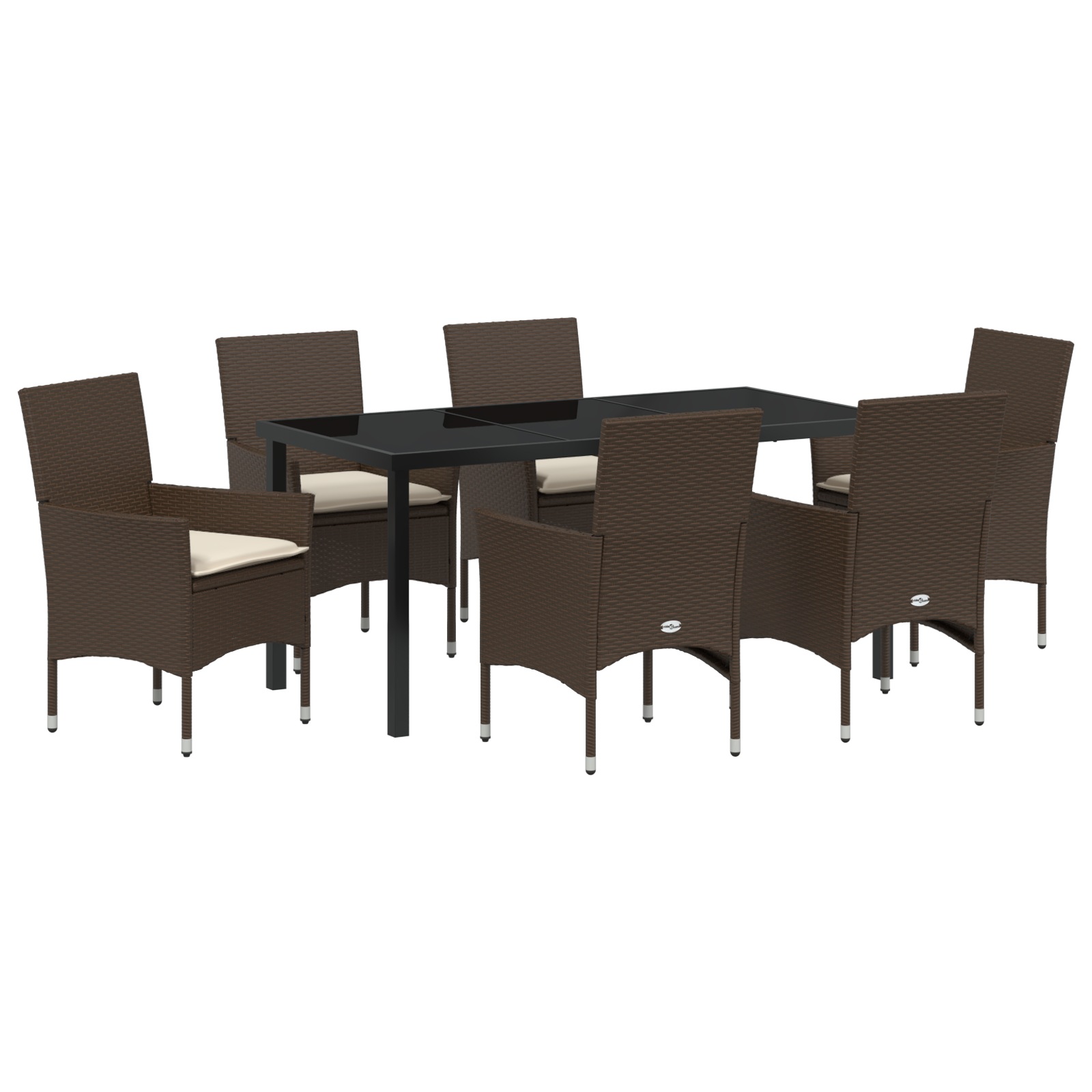 Градинска трапезария с 7 части с възглавници Кафяв Полиратан, vidaXL Градинска маса Черна 160x80x73 см Закалено стъкло - Image 2