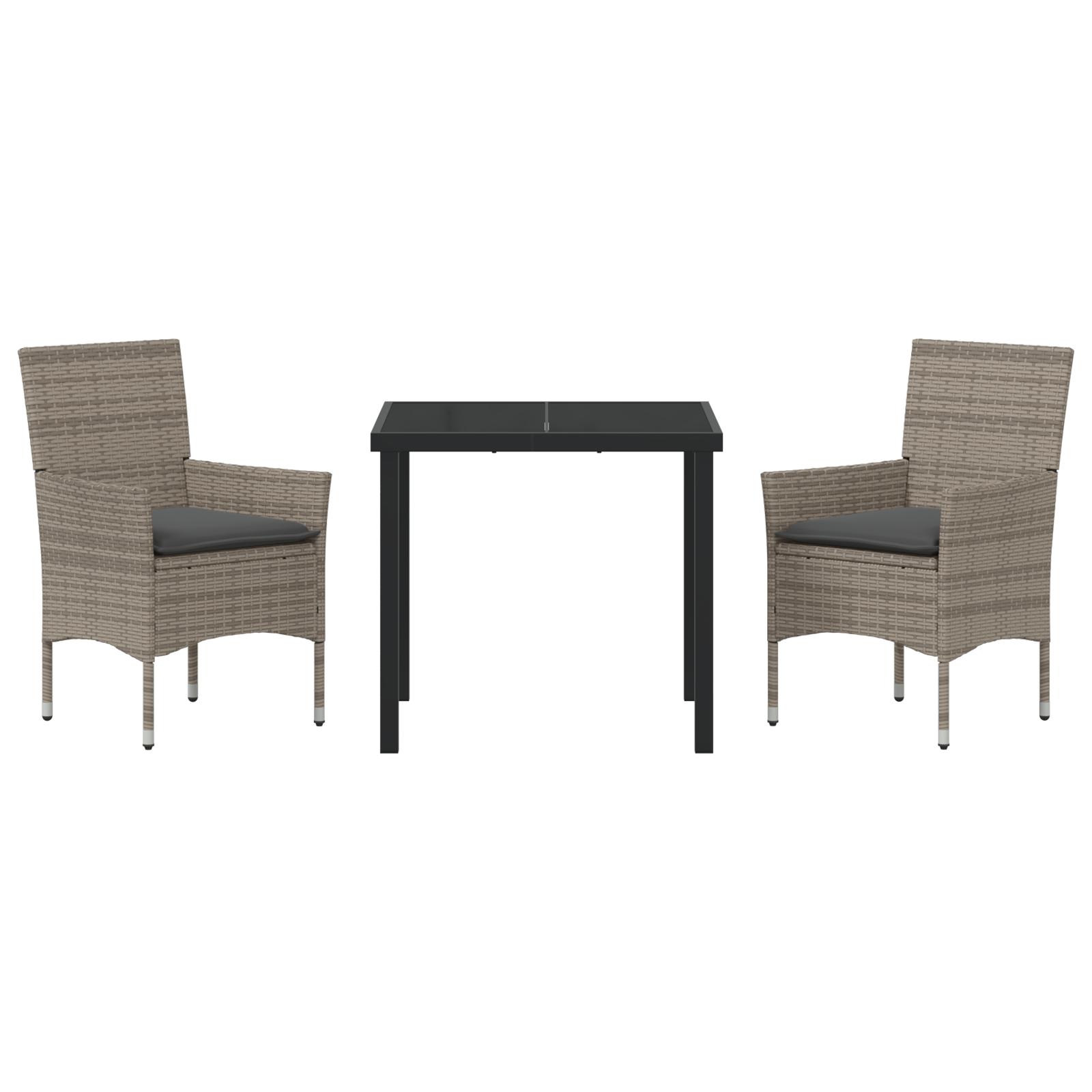 3-частен градински трапезарийен комплект с възглавнички сив полиратан, vidaXL Градинска маса черна 80x80x73 см от закалено стъкло - Image 7