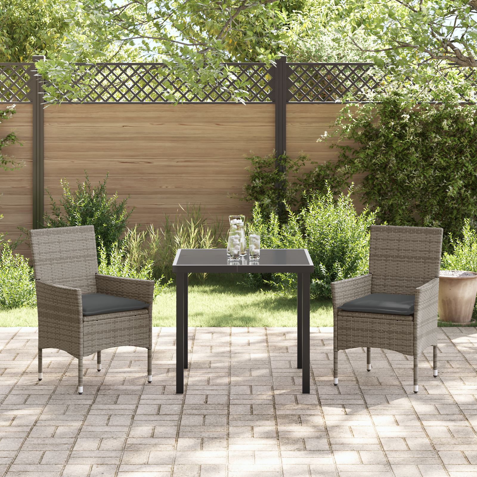 3-частен градински трапезарийен комплект с възглавнички сив полиратан, vidaXL Градинска маса черна 80x80x73 см от закалено стъкло - Image 4