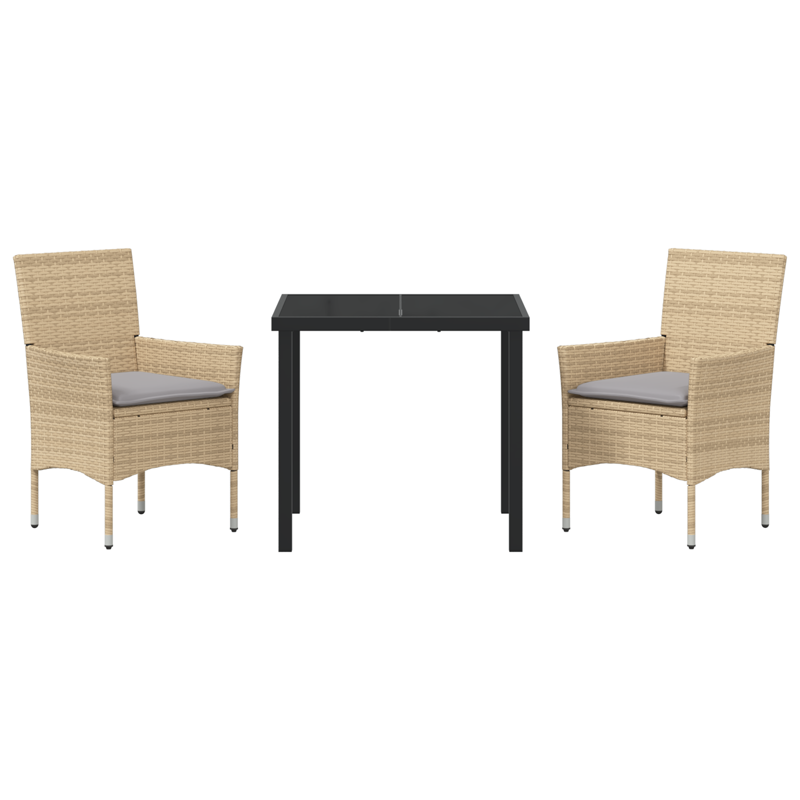 3-частен комплект за градинска трапезария с възглавници Бежов полиратан, vidaXL градинска маса черна 80x80x73 см закалено стъкло - Image 7