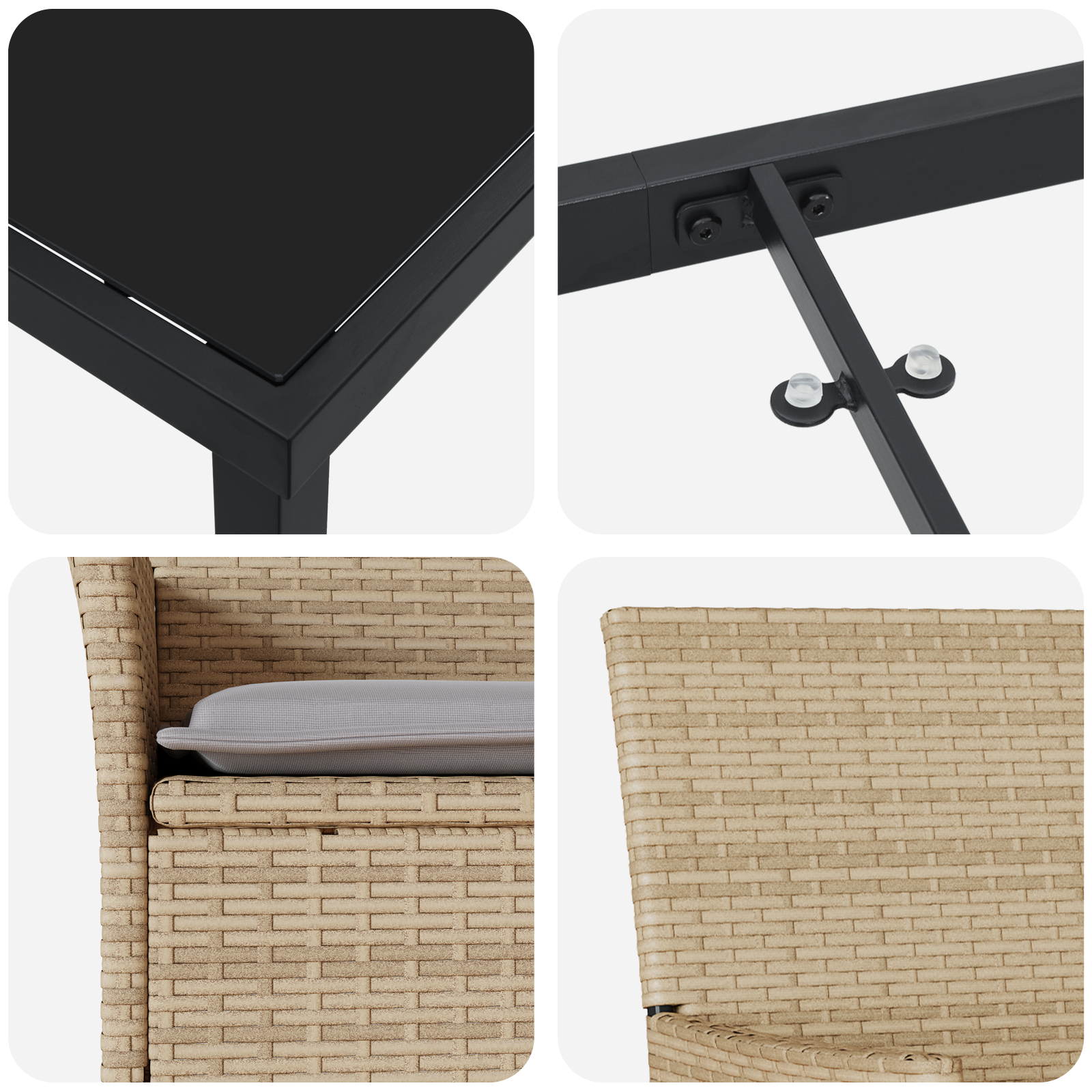 7-частен градински комплект за хранене с възглавници бежов полирата, vidaXL градинска маса черна 160x80x73 см темперирано стъкло - Image 9