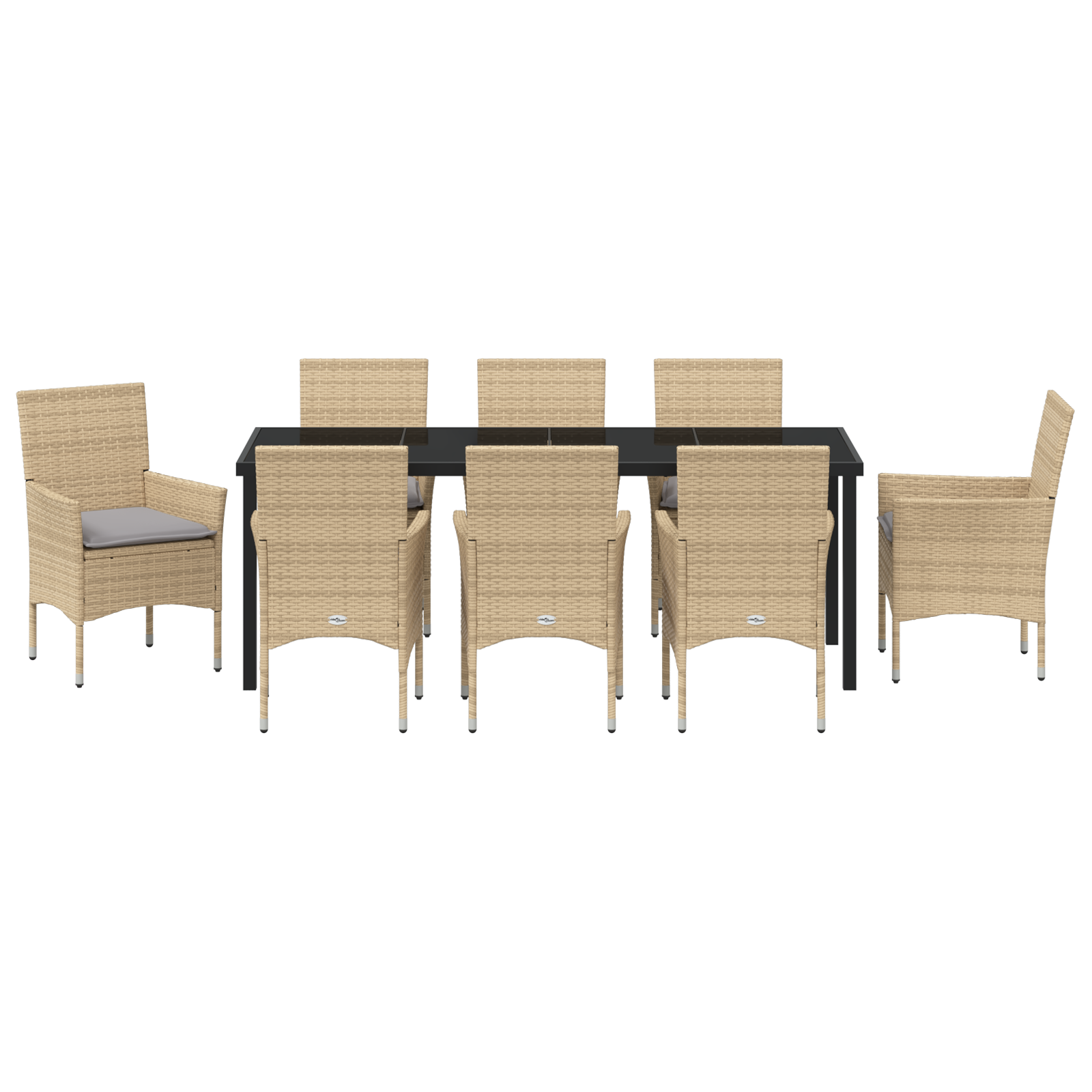 9 Частен Градински комплект за хранене с възглавници Бежов полиестерен ратан, vidaXL Черна градинска маса 200x80x73 см от темперирано стъкло - Image 7