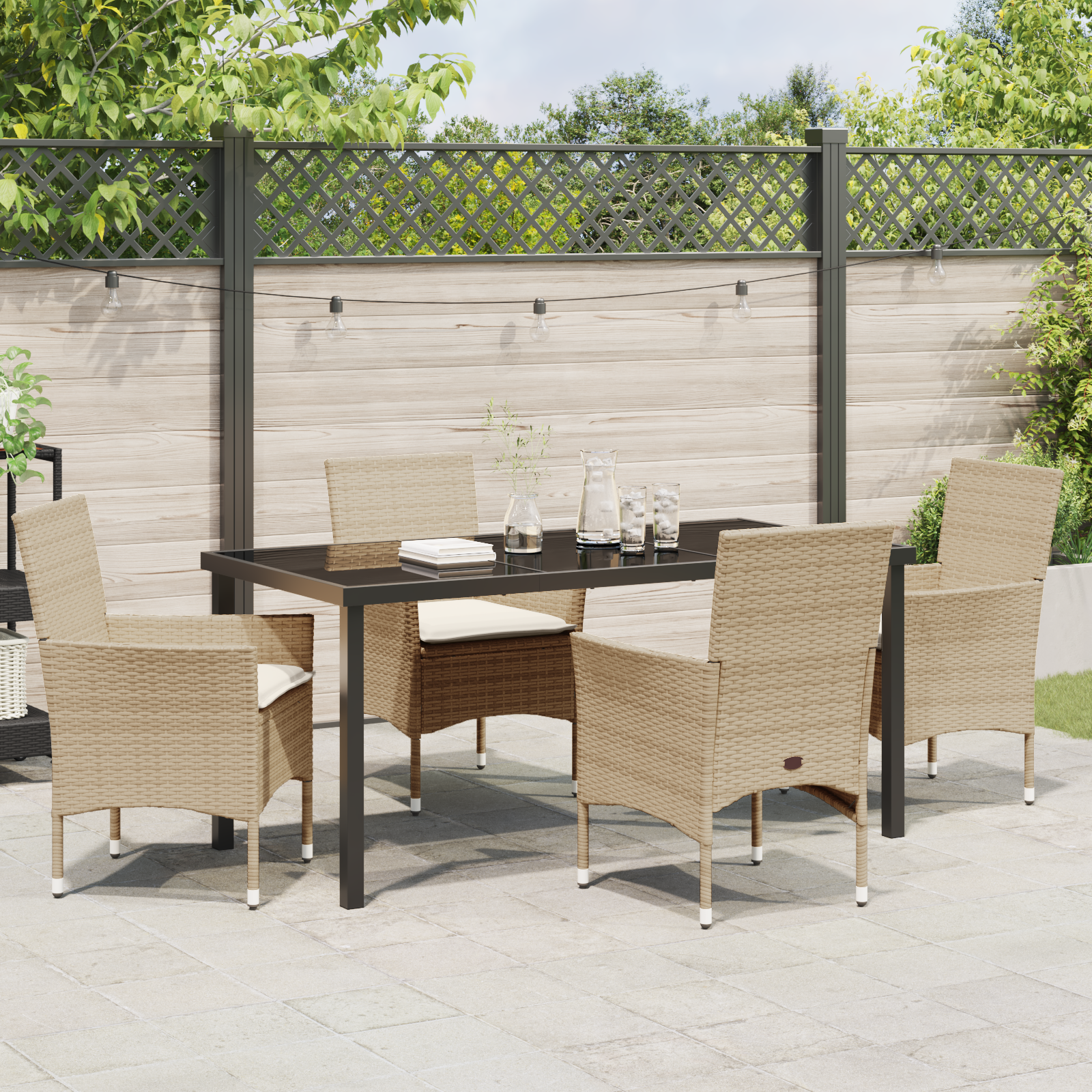 5 части Градински трапезен комплект с възглавници Бежов Poly Rattan - Image 4