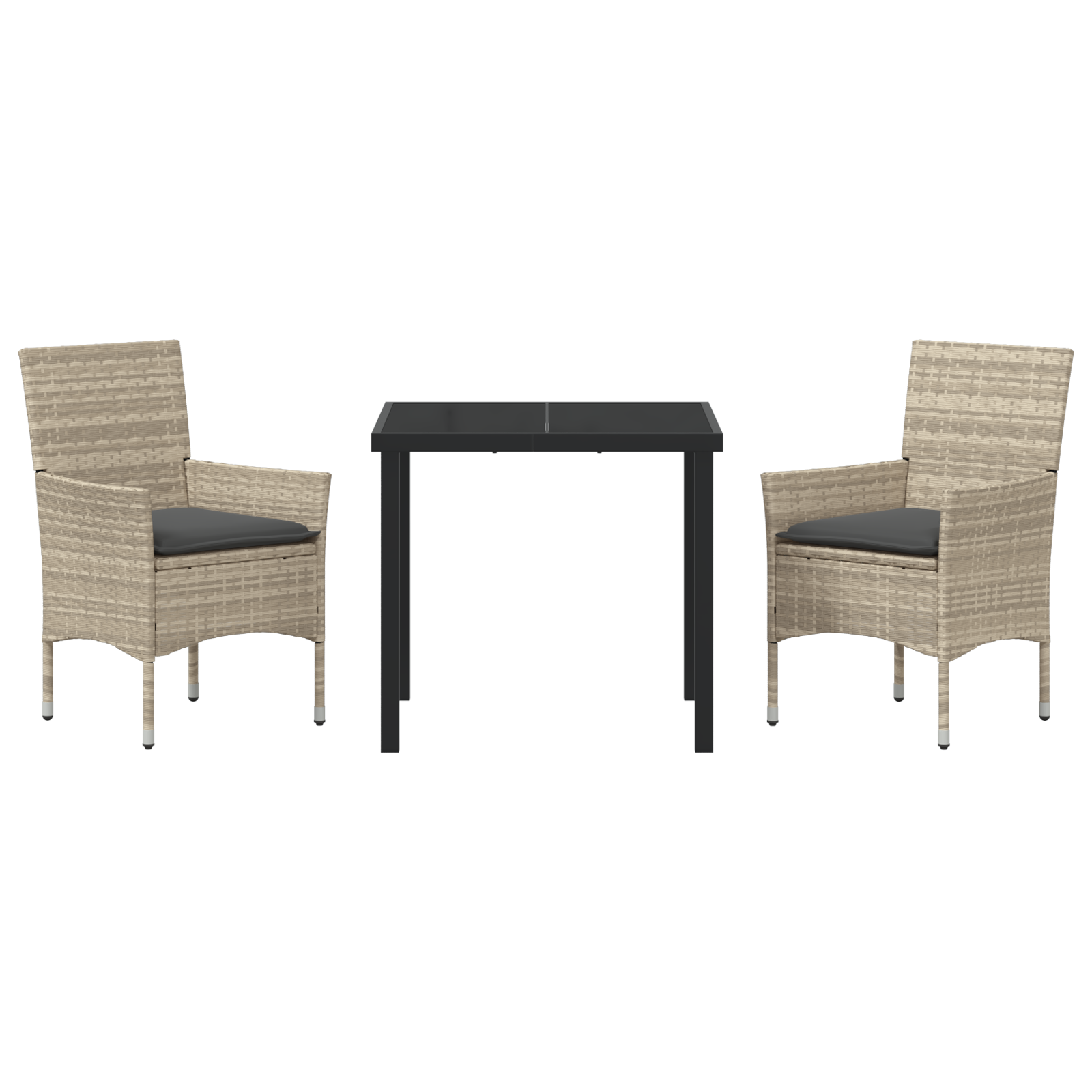 3 части комплект за хранене в градината с възглавници в светло сиво полиратан, vidaXL градинска маса черна 80x80x73 см с темперирано стъкло - Image 7