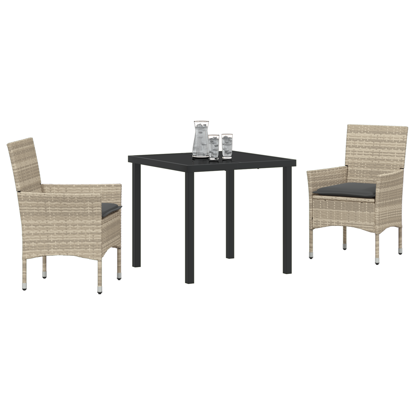 3 части комплект за хранене в градината с възглавници в светло сиво полиратан, vidaXL градинска маса черна 80x80x73 см с темперирано стъкло - Image 3