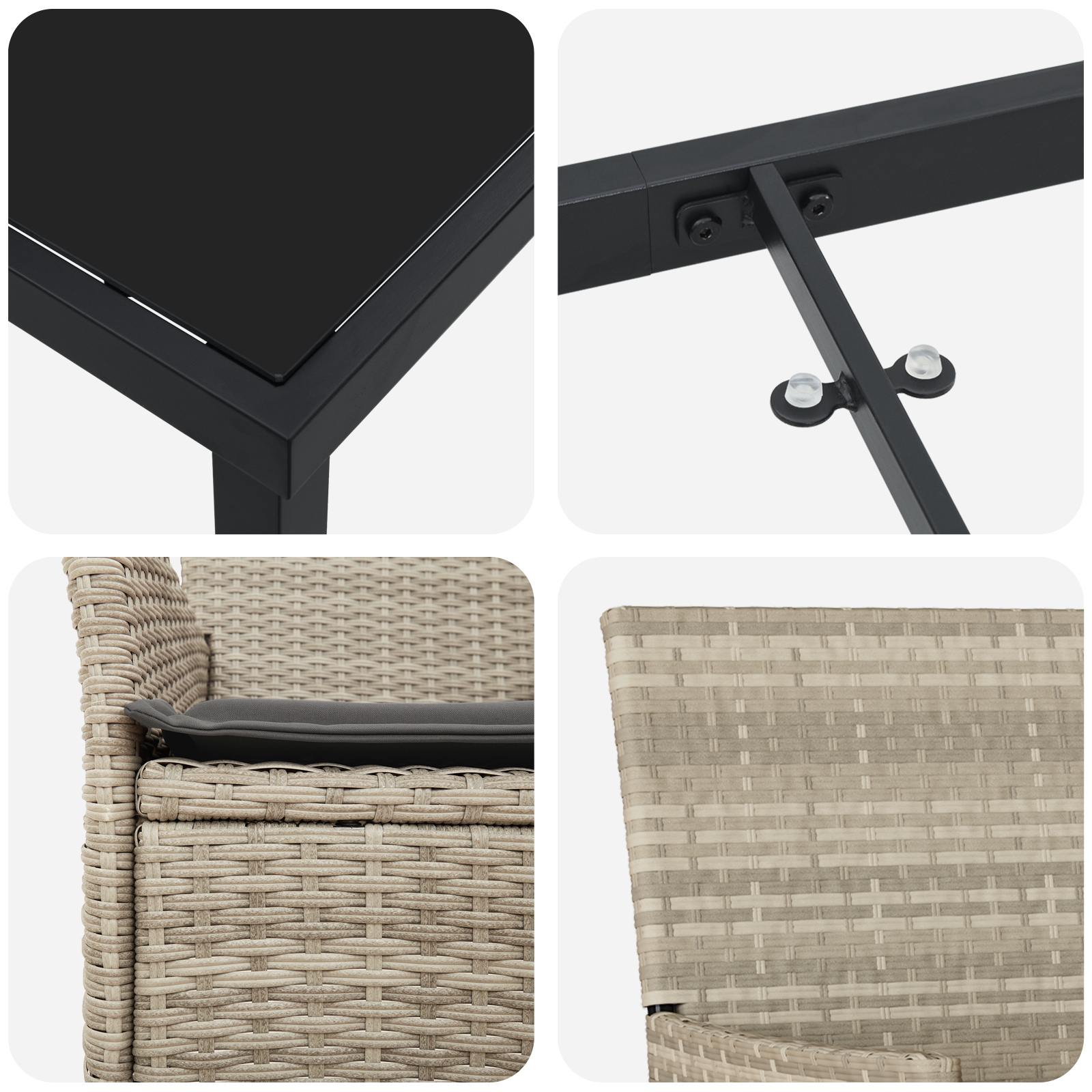 5 Часовен градински трапезен комплект с възглавнички Светлосиво Полиестерен ратан, vidaXL Градинска маса Черна 80x80x73 см Закалено стъкло - Image 9