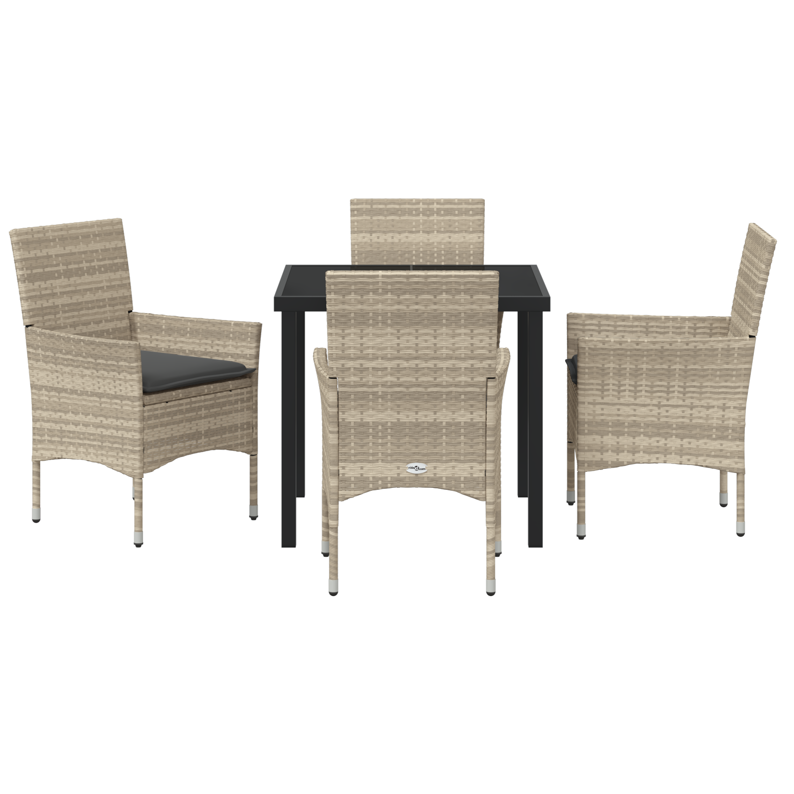 5 Часовен градински трапезен комплект с възглавнички Светлосиво Полиестерен ратан, vidaXL Градинска маса Черна 80x80x73 см Закалено стъкло - Image 7