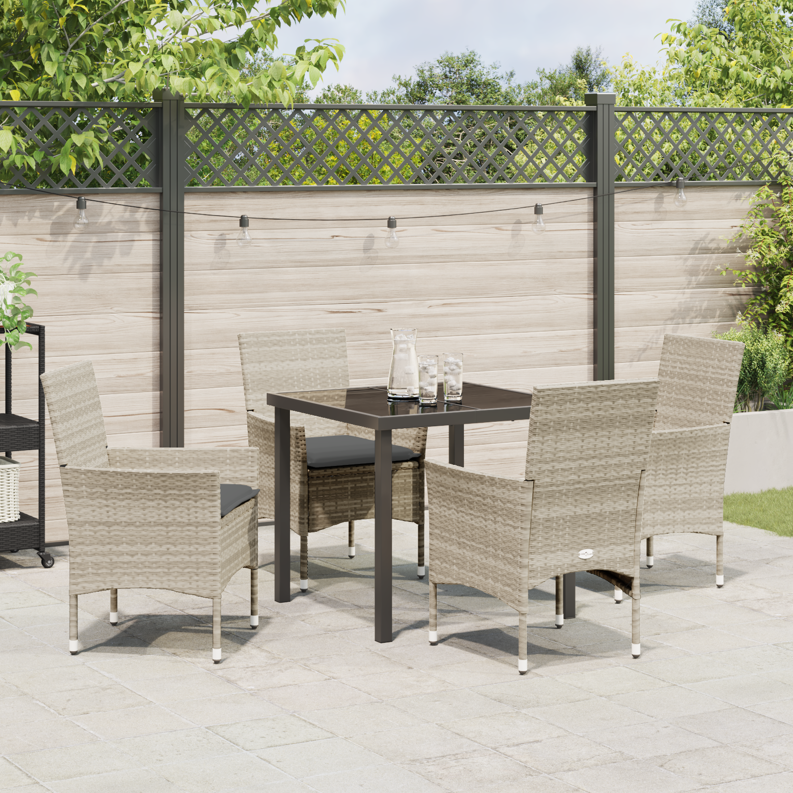 5 Часовен градински трапезен комплект с възглавнички Светлосиво Полиестерен ратан, vidaXL Градинска маса Черна 80x80x73 см Закалено стъкло - Image 4