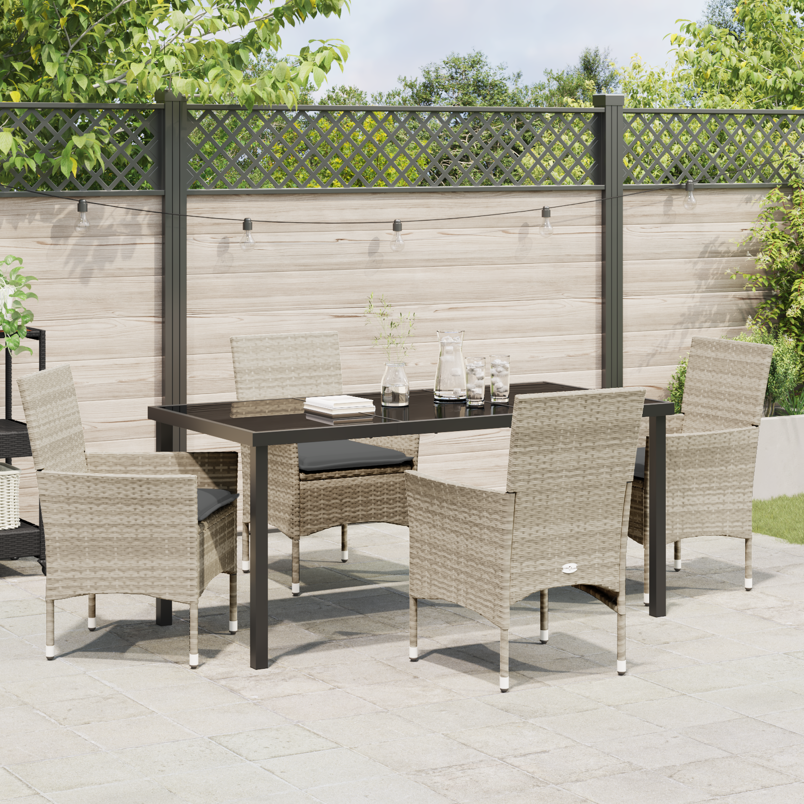 5 части градински трапезен комплект с възглавници светлосив полиратан, vidaXL черна градинска маса 160x80x73 см стъкло с повишена здравина - Image 4