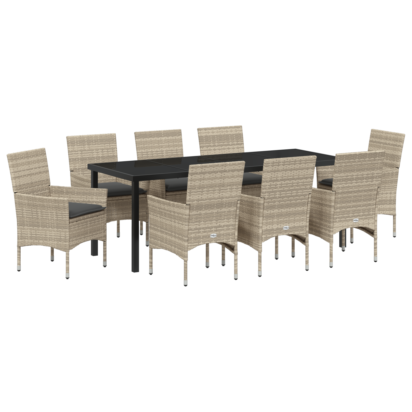 9-частен градински комплект за хранене с възглавници, светло сив полирани ратан, vidaXL градинска маса черна 200x80x73 см с TEMPERED стъкло - Image 2