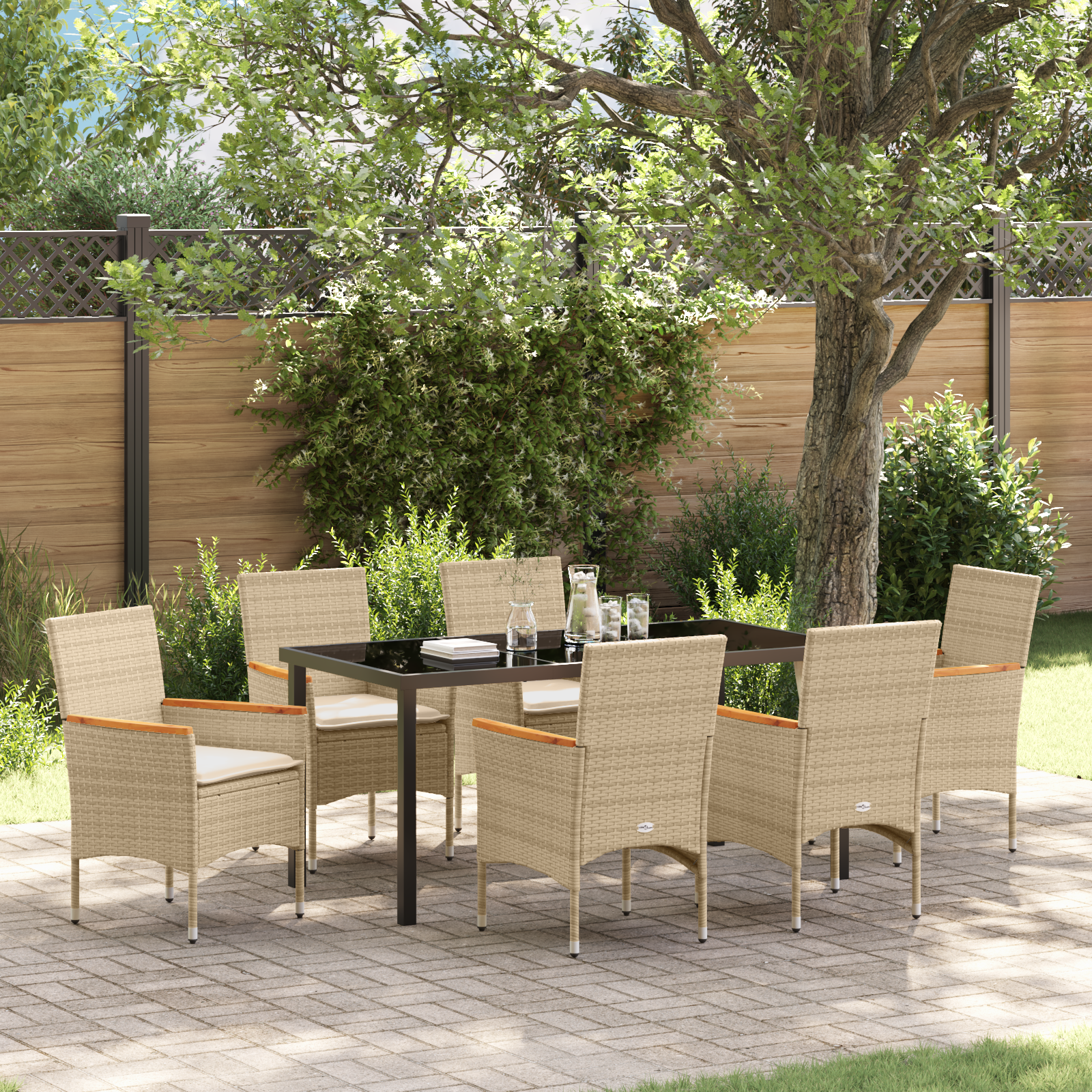 Thumbnail - vidaXL 7-teiliges Garten-Esstisch-Set mit Kissen in Beige aus Poly-Rattan