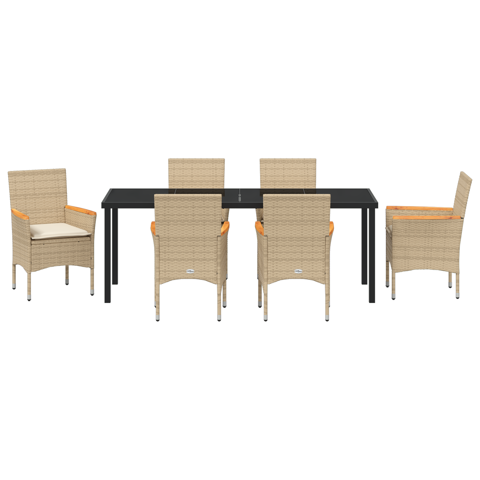 Комплект за хранене в градината vidaXL 7 части с възглавници Бежов полиратан, Градинска маса vidaXL Черна 200х80х73 см закалено стъкло - Image 7