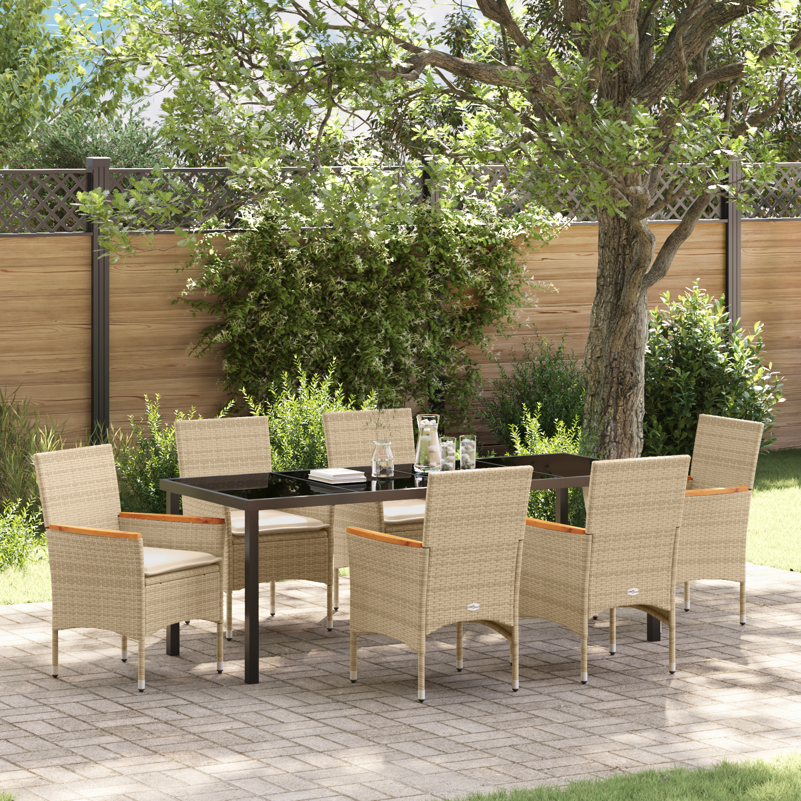 Комплект за хранене в градината vidaXL 7 части с възглавници Бежов полиратан, Градинска маса vidaXL Черна 200х80х73 см закалено стъкло