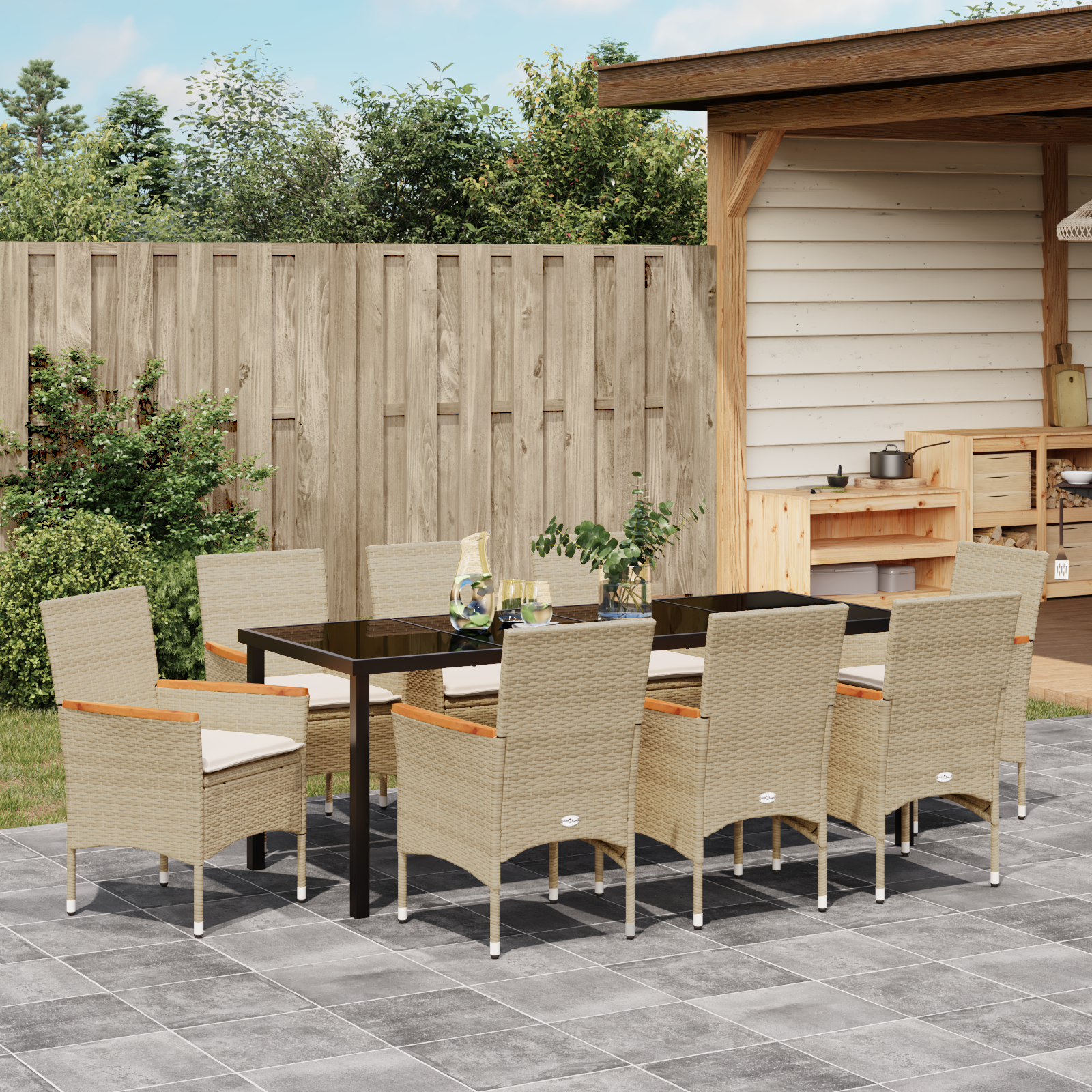 9 Частен Градински Трапезен Комплект с Възглавници Бежов Полиратан - Image 4