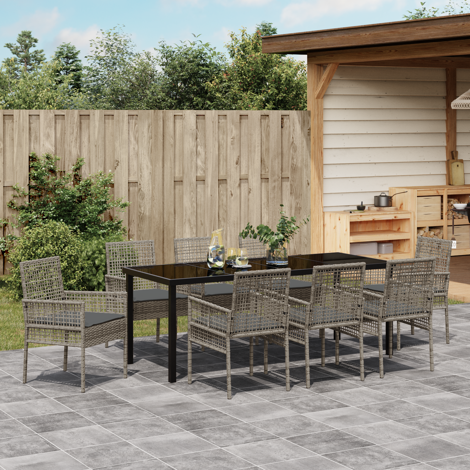 Комплект за градинско хранене от 9 части с възглавници сив полиратан - Image 4