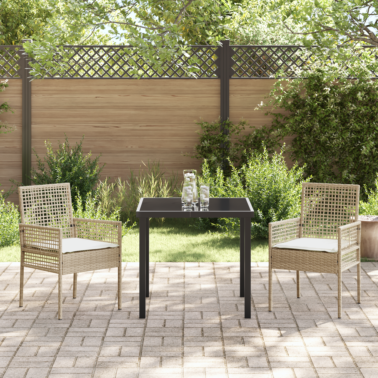 3 Piece Garden Dining Set with Cushions Beige Poly Rattan - Image 4