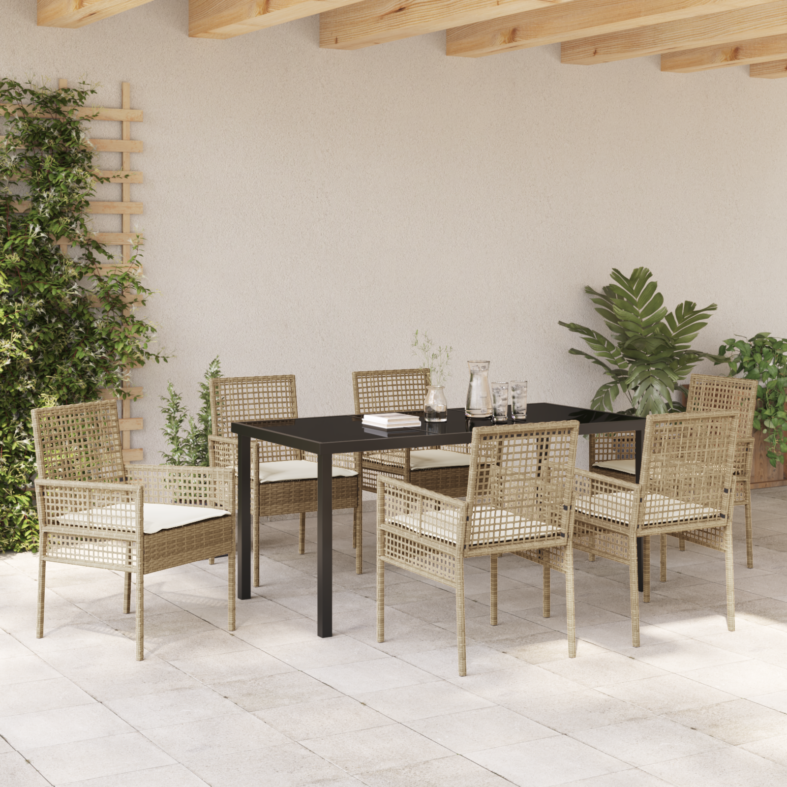 7 Piece Garden Dining Set with Cushions Beige Poly Rattan - Image 4